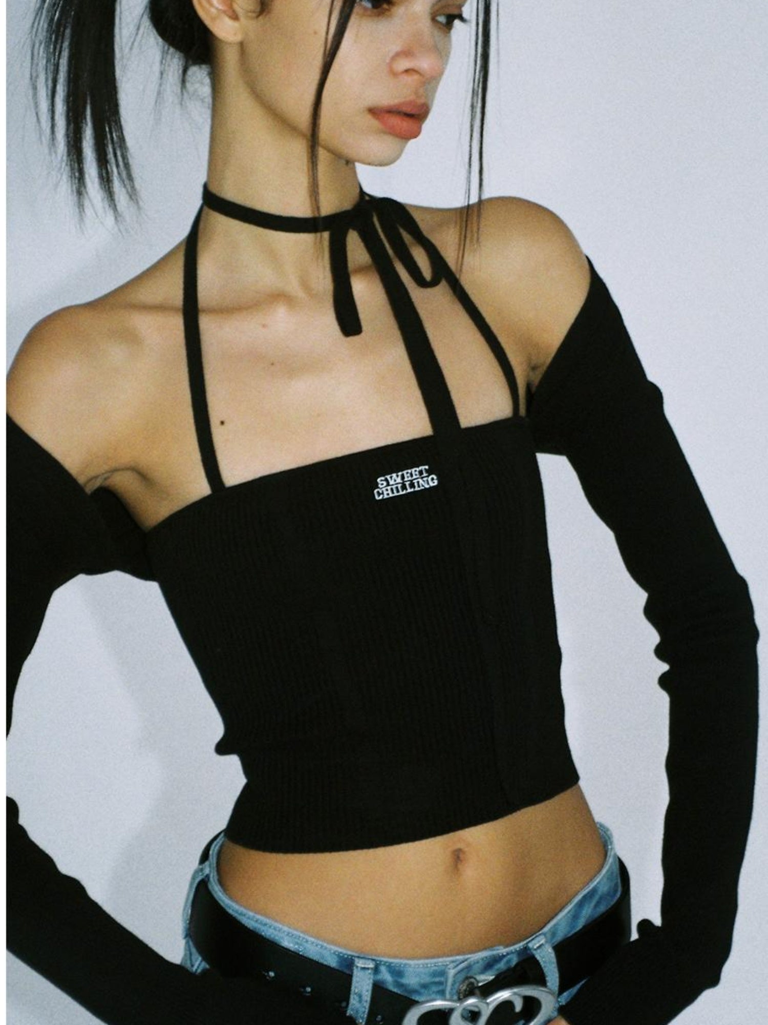 SweetChilling Sexy Knit Tube Top Set With Lace-Up Neckline & Sleeves - Bodysuit