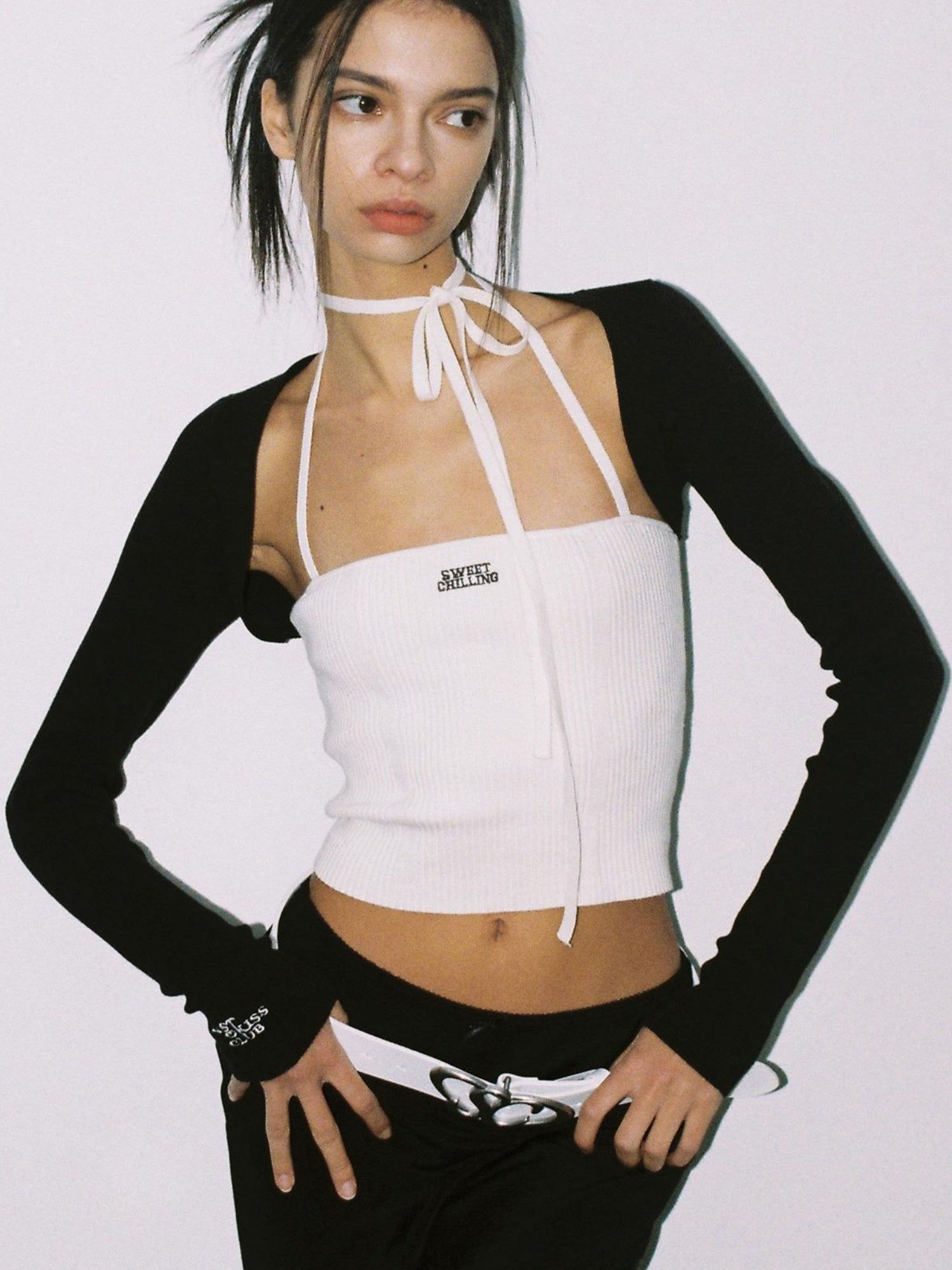 SweetChilling Sexy Knit Tube Top Set With Lace-Up Neckline & Sleeves - Bodysuit