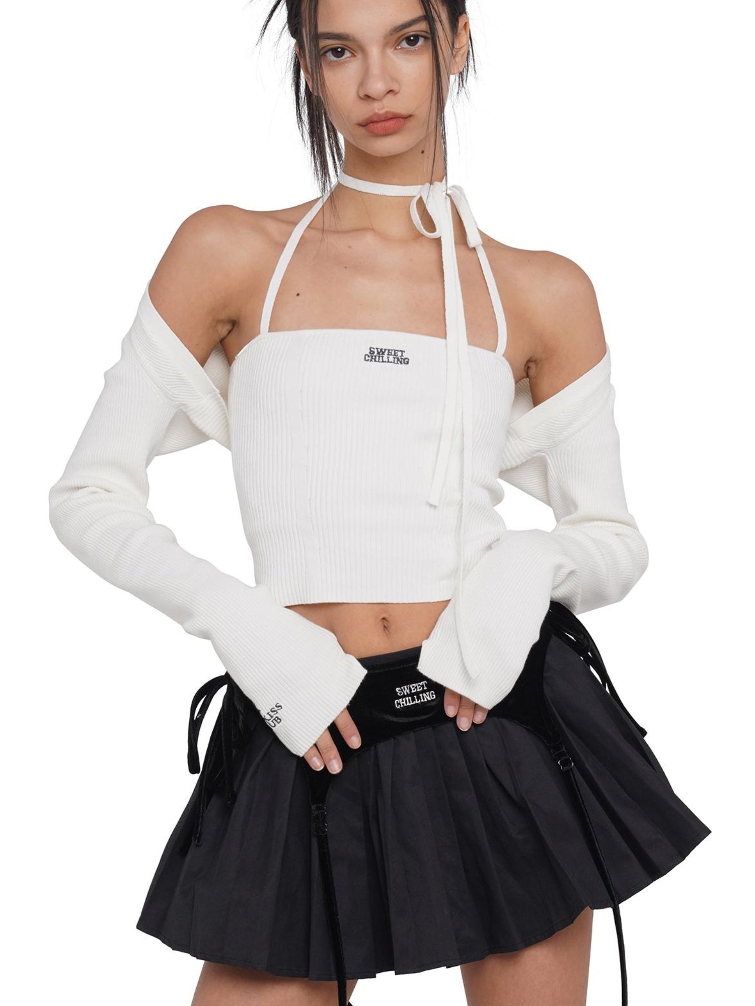 SweetChilling Sexy Knit Tube Top Set With Lace-Up Neckline & Sleeves - Bodysuit