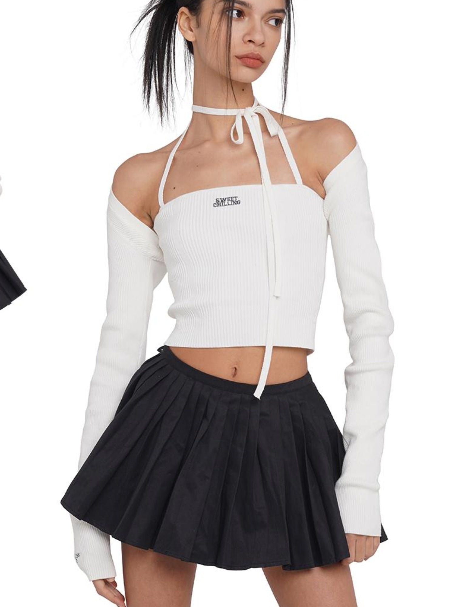 SweetChilling Sexy Knit Tube Top Set With Lace-Up Neckline & Sleeves - Bodysuit