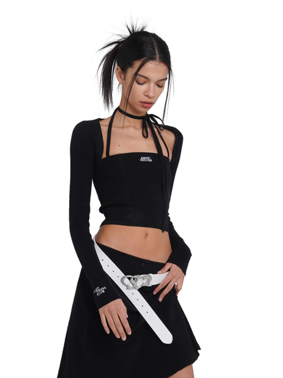 SweetChilling Sexy Knit Tube Top Set With Lace-Up Neckline & Sleeves - Bodysuit