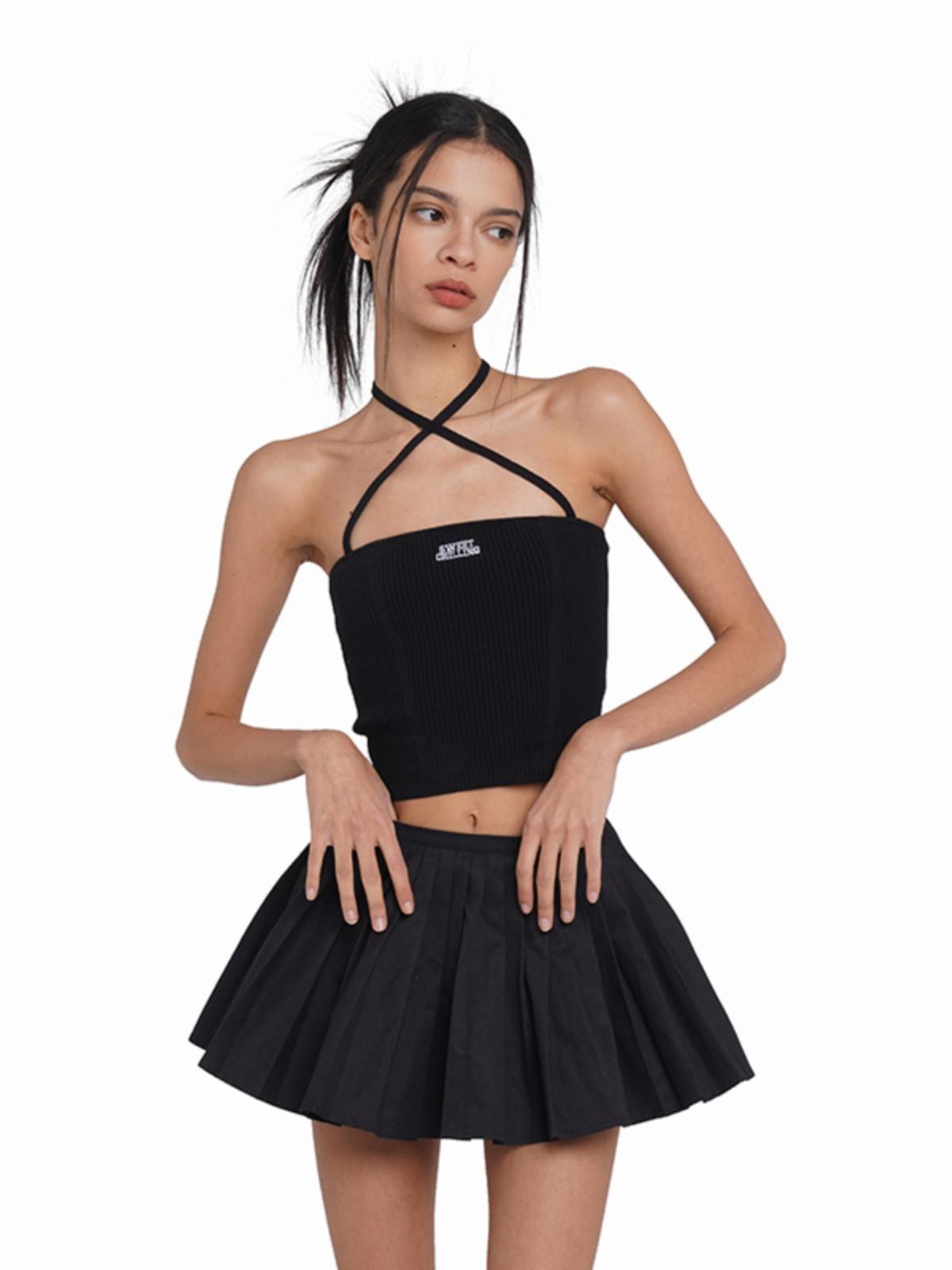SweetChilling Sexy Knit Tube Top Set With Lace-Up Neckline & Sleeves - Bodysuit