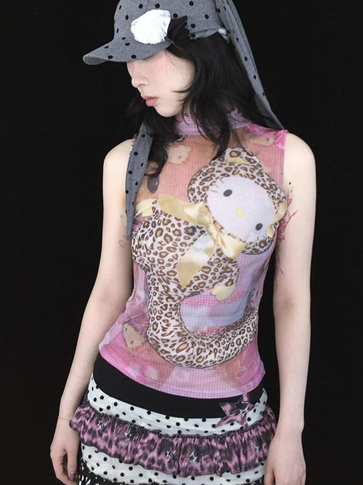 Ttsunami Sexy Sleeveless Mesh Kitty Top With Leopard Print Stretch T-Shirt