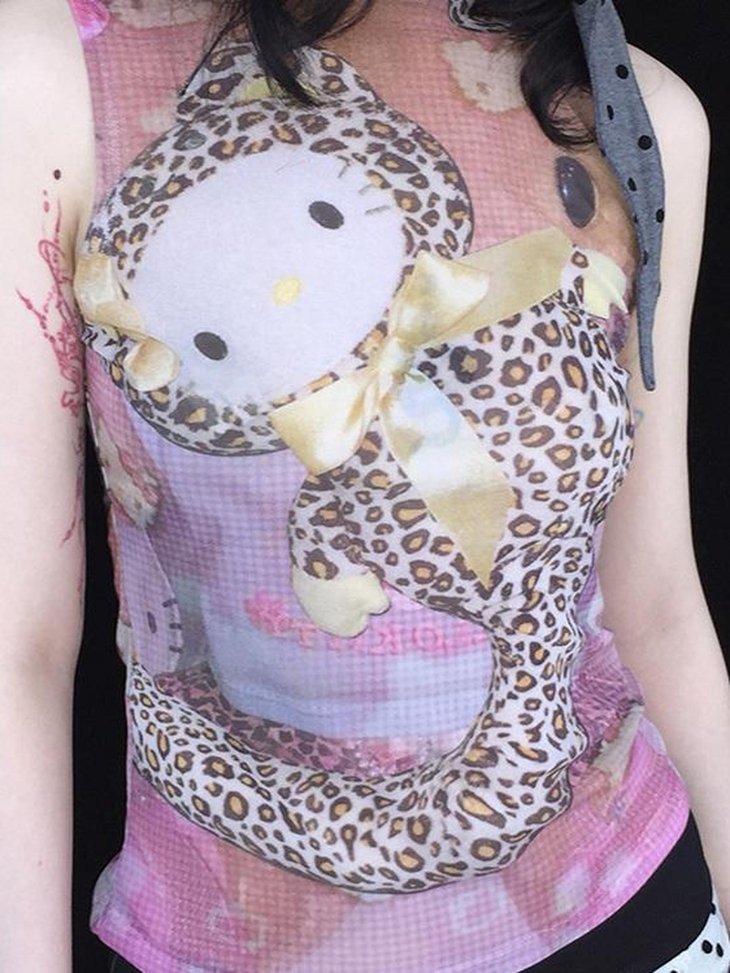 Ttsunami Sexy Sleeveless Mesh Kitty Top With Leopard Print Stretch T-Shirt