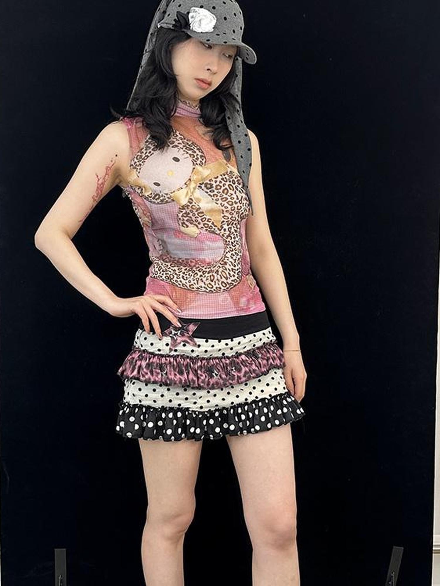 Ttsunami Sexy Sleeveless Mesh Kitty Top With Leopard Print Stretch T-Shirt