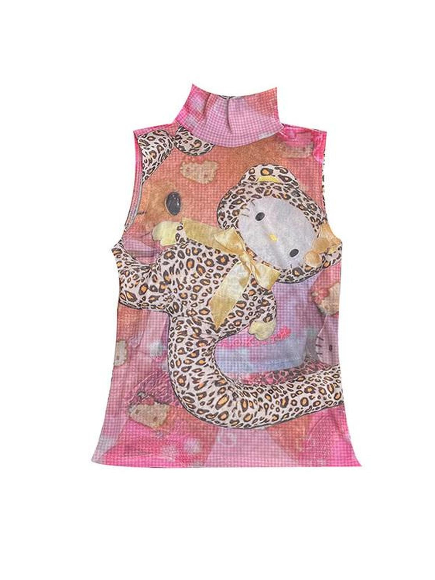 Ttsunami Sexy Sleeveless Mesh Kitty Top With Leopard Print Stretch T-Shirt