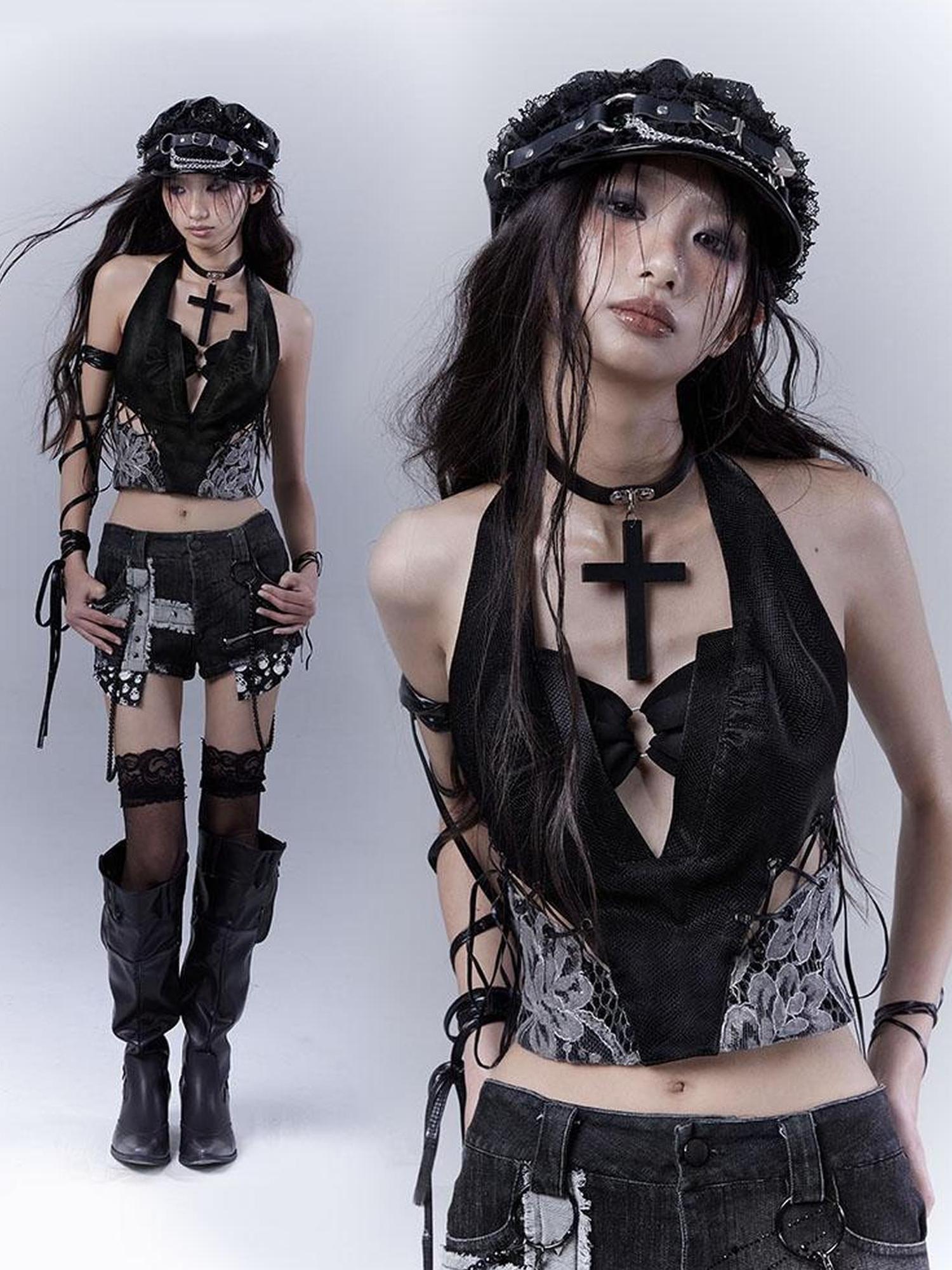 WSW WUSHENWU Sexy Snake Pattern Lace Leather Vest Deep V Neck Black Top