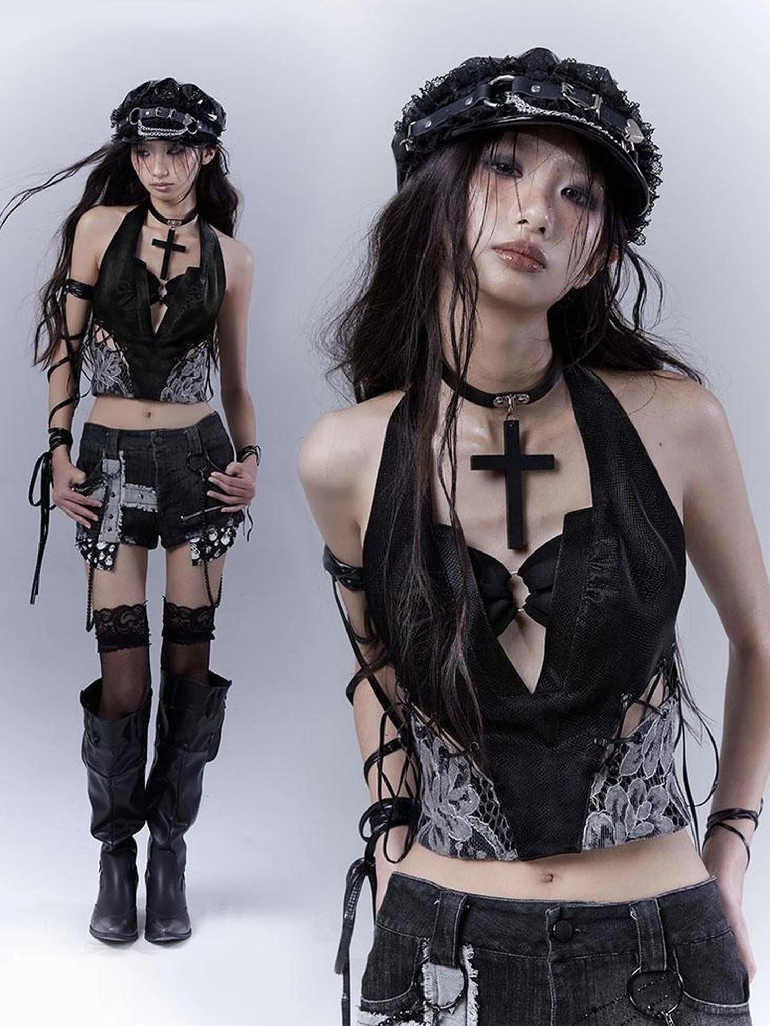 Sexy Snake Pattern Lace Leather Vest Deep V Neck Black Top