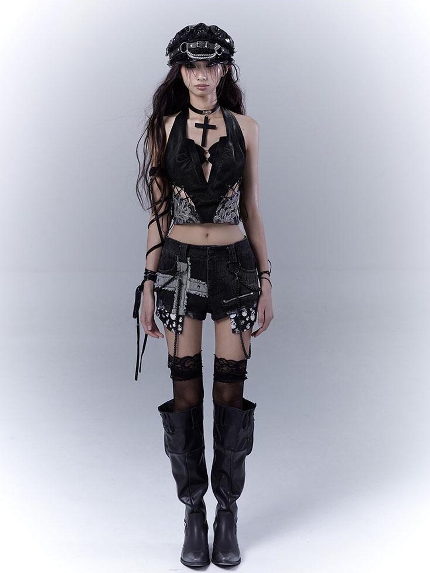 WSW WUSHENWU Sexy Snake Pattern Lace Leather Vest Deep V Neck Black Top