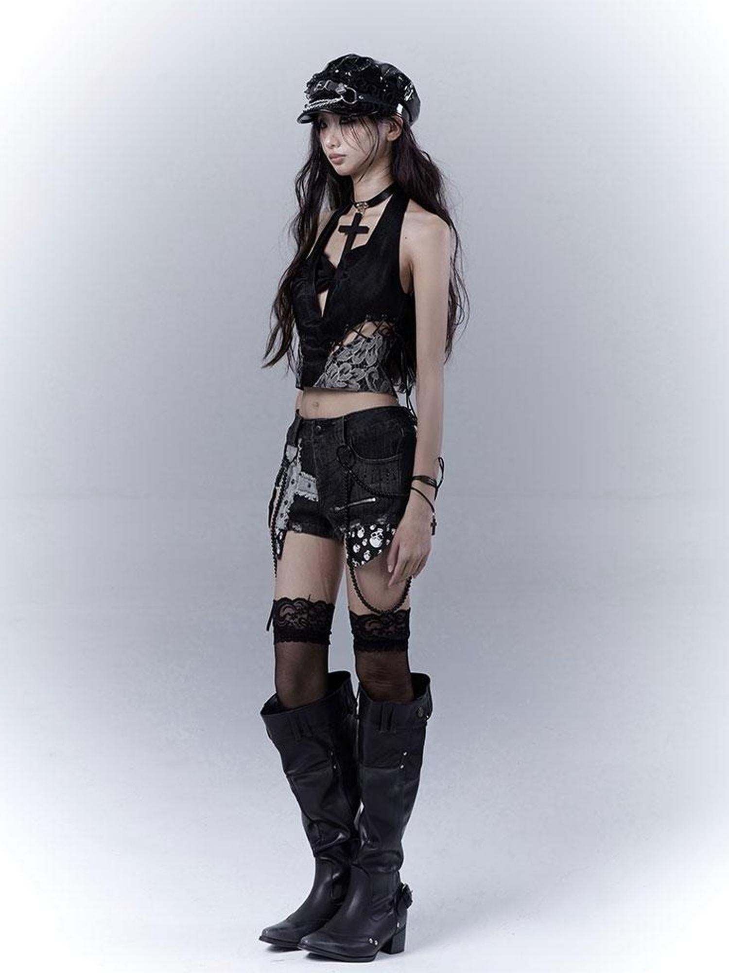 WSW WUSHENWU Sexy Snake Pattern Lace Leather Vest Deep V Neck Black Top