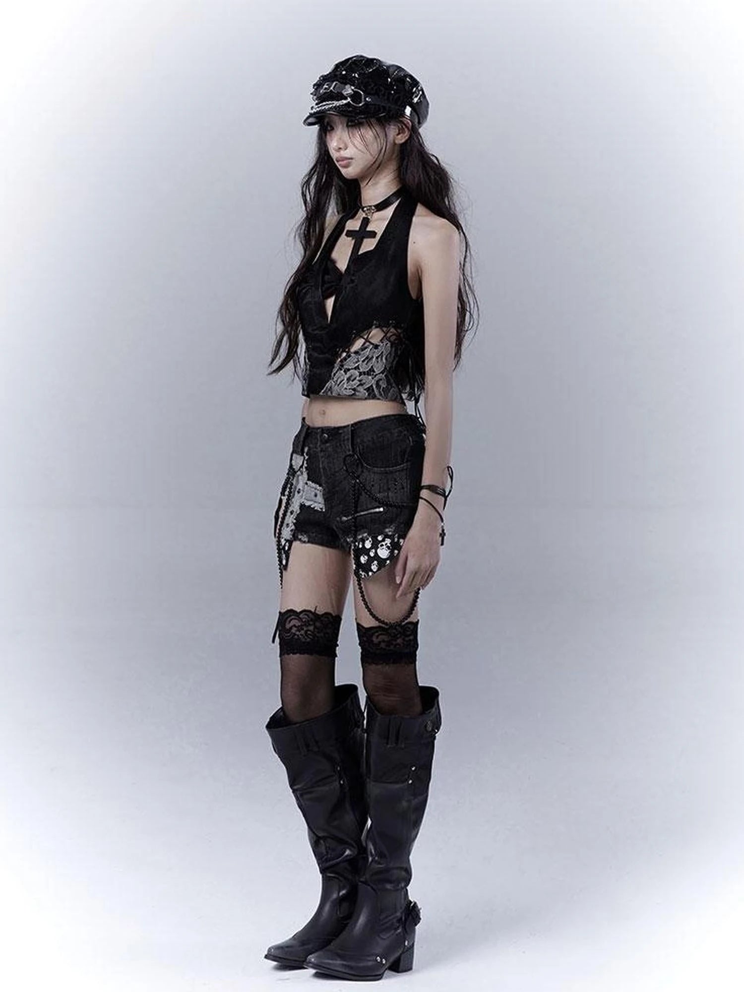 Sexy Snake Pattern Lace Leather Vest Deep V Neck Black Top