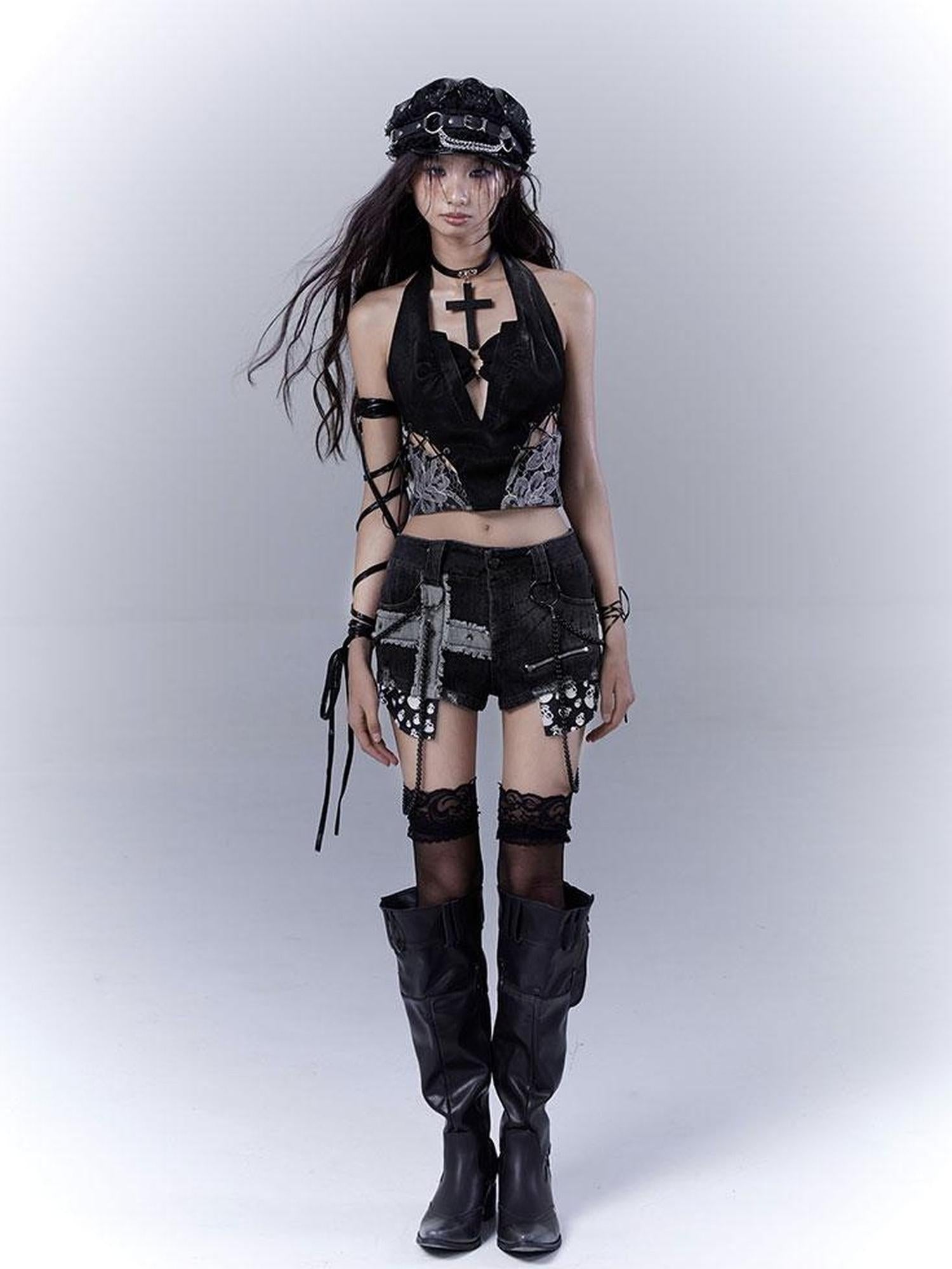WSW WUSHENWU Sexy Snake Pattern Lace Leather Vest Deep V Neck Black Top