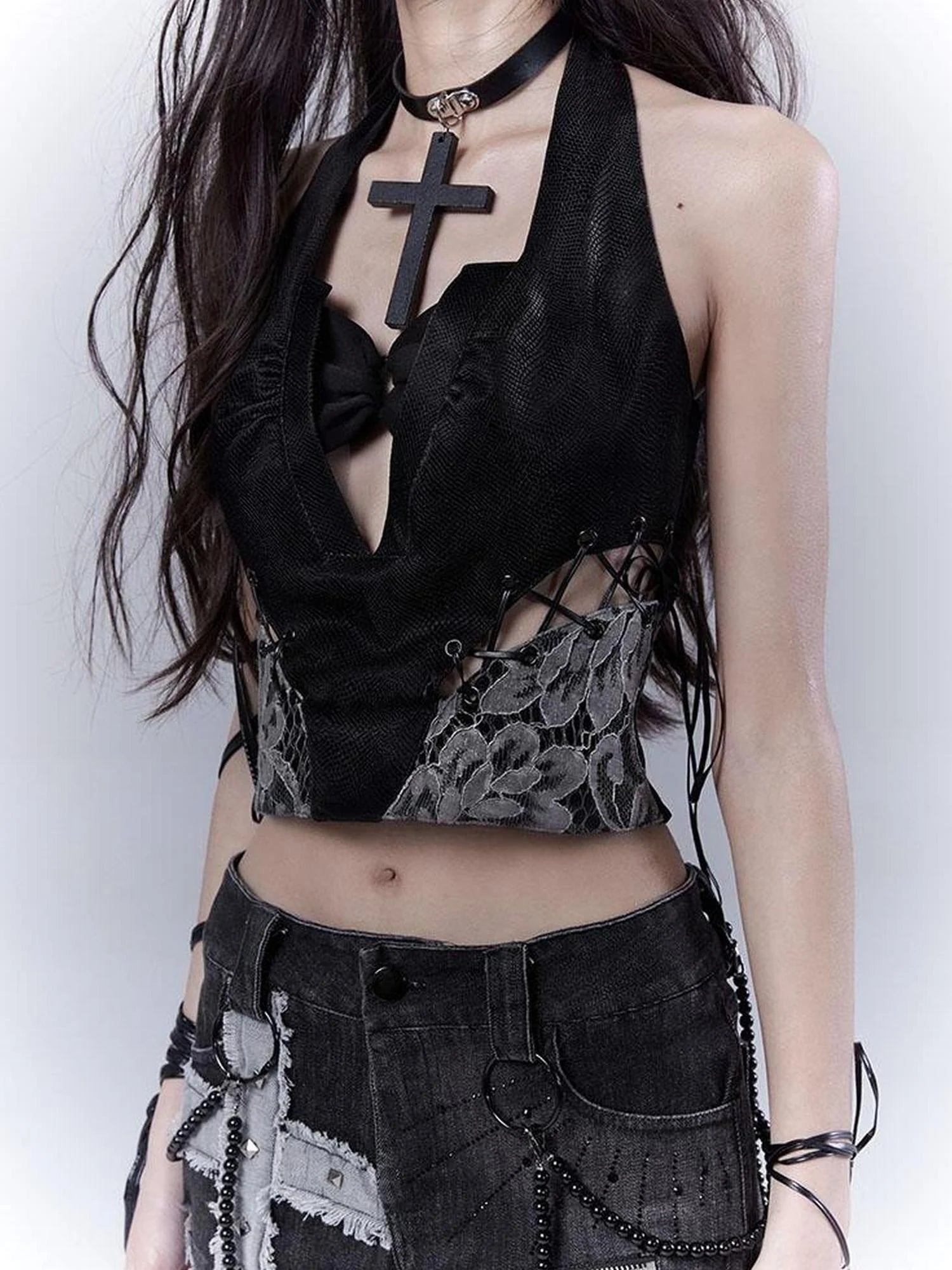 Sexy Snake Pattern Lace Leather Vest Deep V Neck Black Top