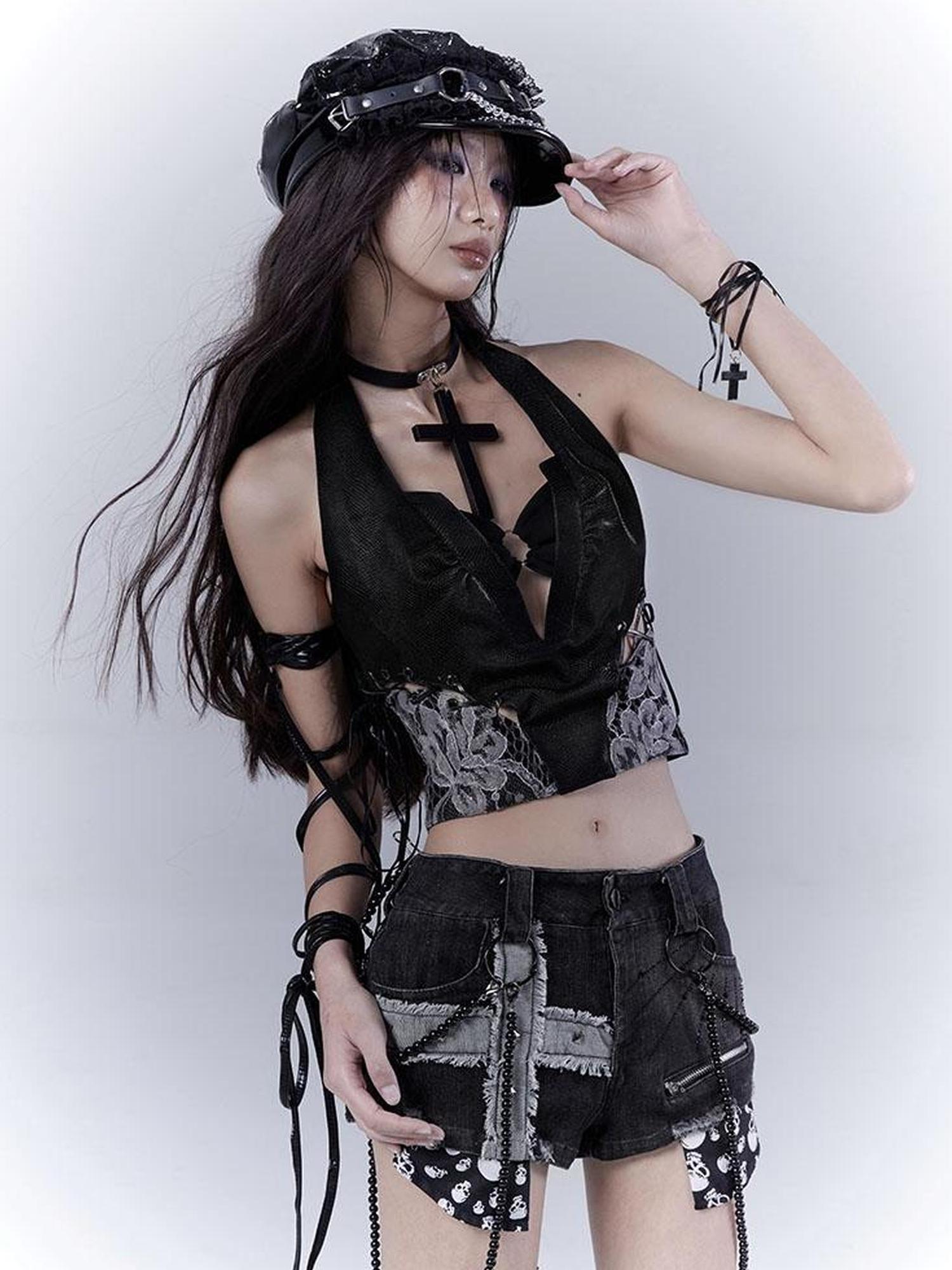 WSW WUSHENWU Sexy Snake Pattern Lace Leather Vest Deep V Neck Black Top