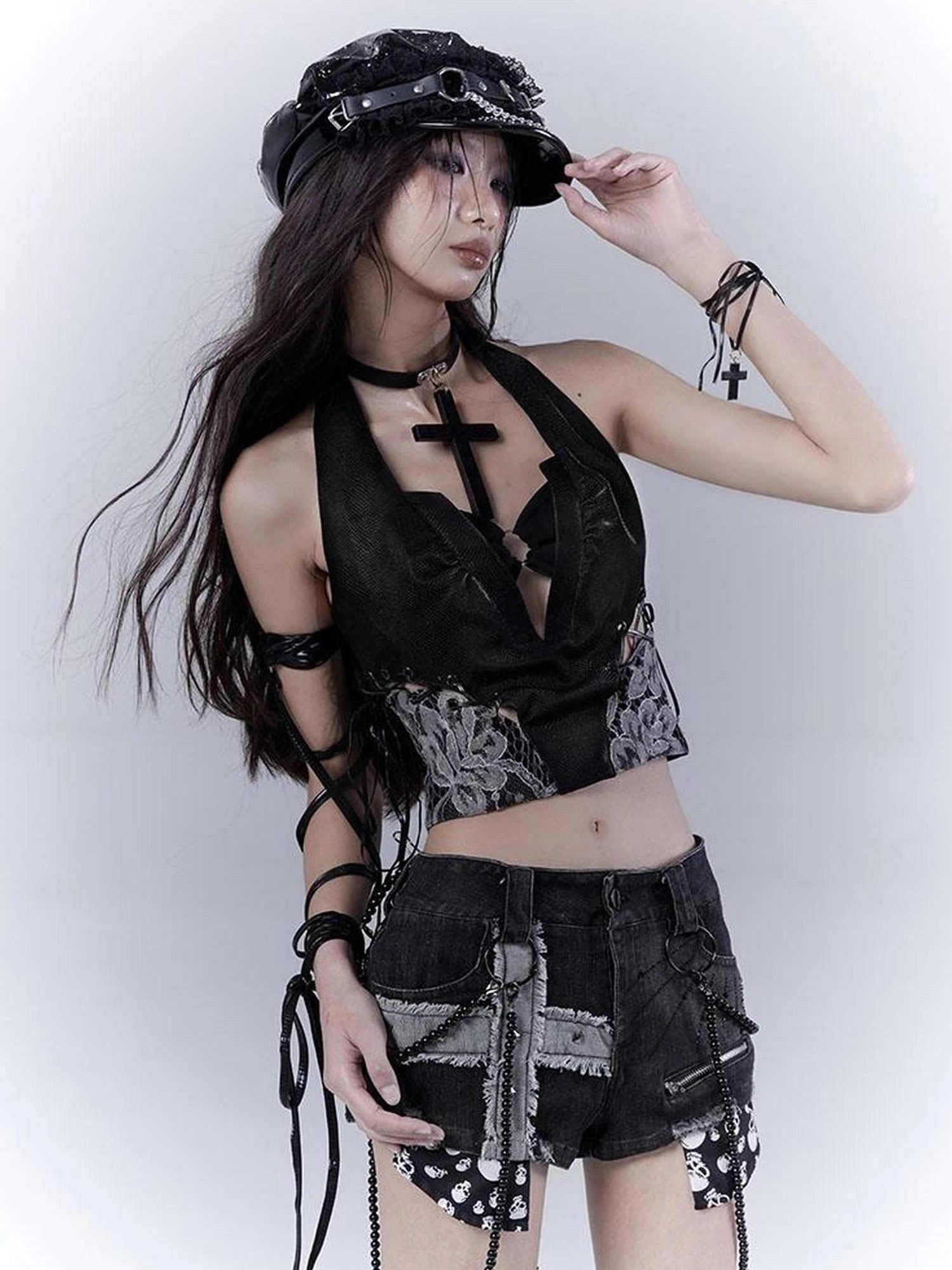 Sexy Snake Pattern Lace Leather Vest Deep V Neck Black Top