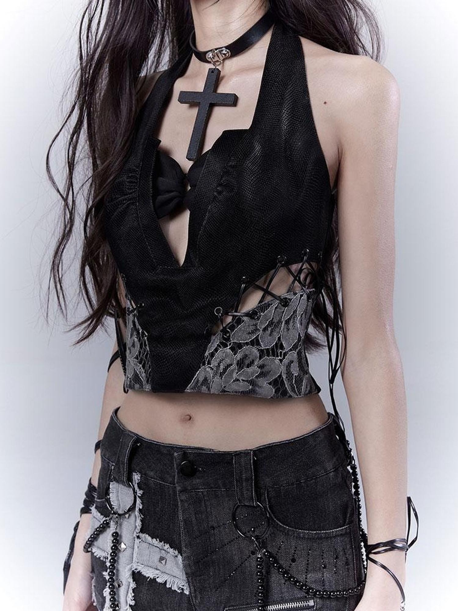 WSW WUSHENWU Sexy Snake Pattern Lace Leather Vest Deep V Neck Black Top