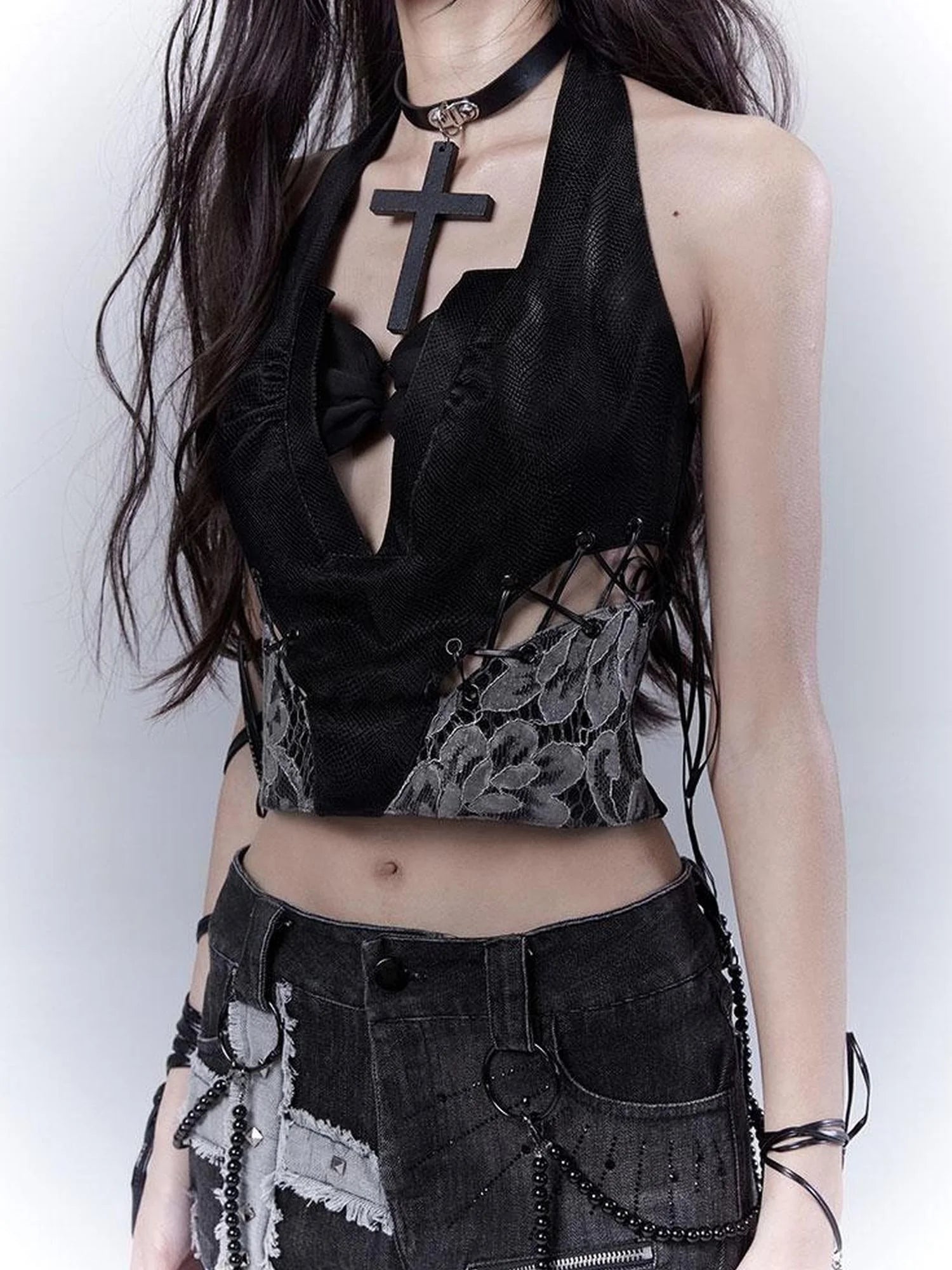 Sexy Snake Pattern Lace Leather Vest Deep V Neck Black Top