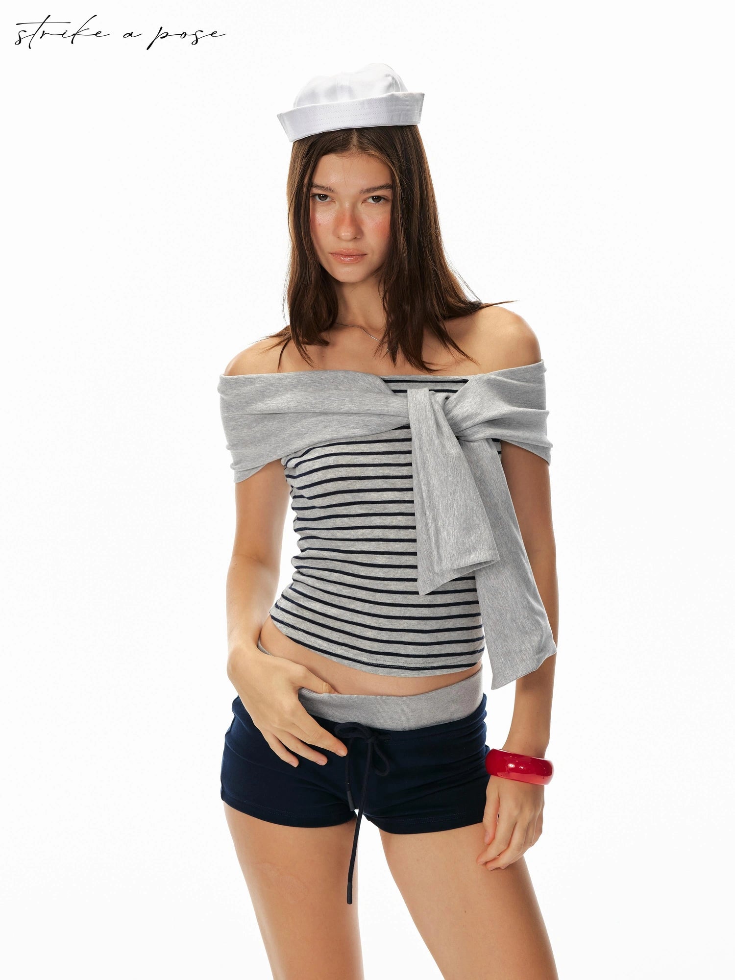Sexy Striped Off-Shoulder Top & Navy Shorts Outfit Set