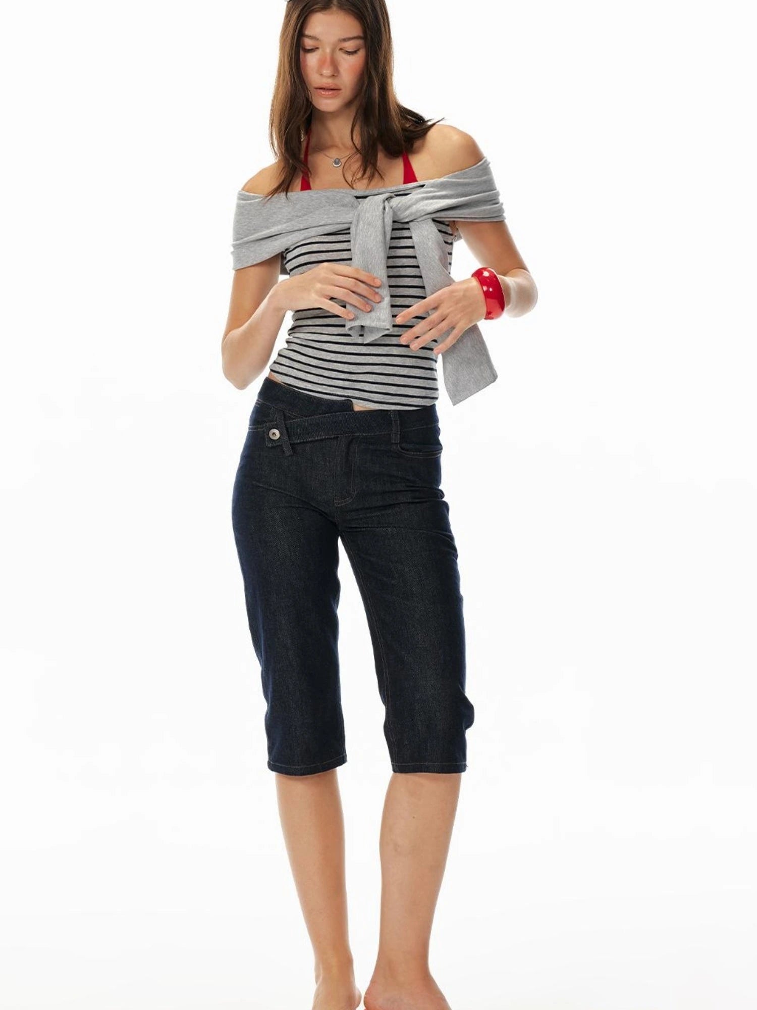 Sexy Striped Off-Shoulder Top & Navy Shorts Outfit Set
