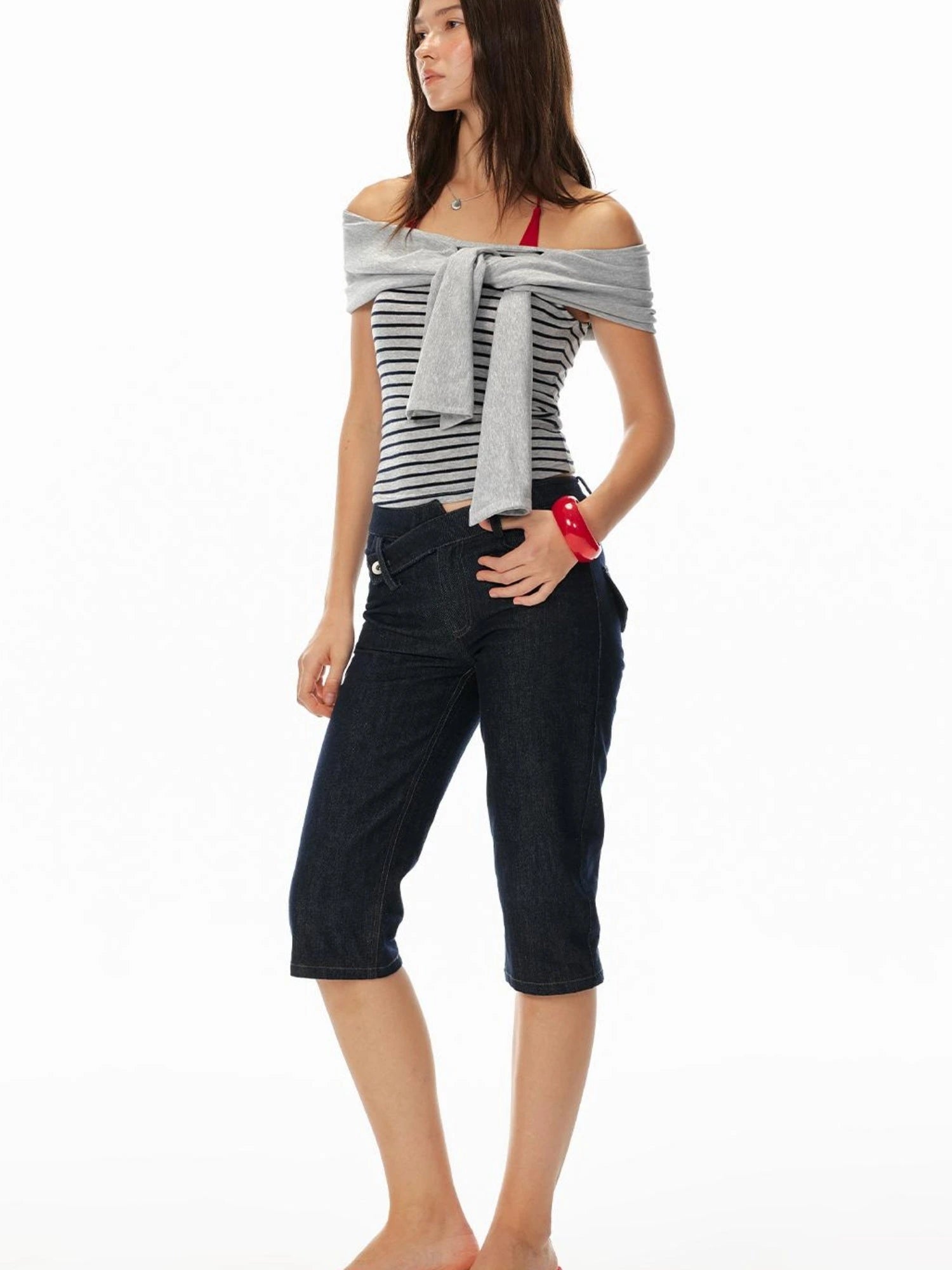 Sexy Striped Off-Shoulder Top & Navy Shorts Outfit Set