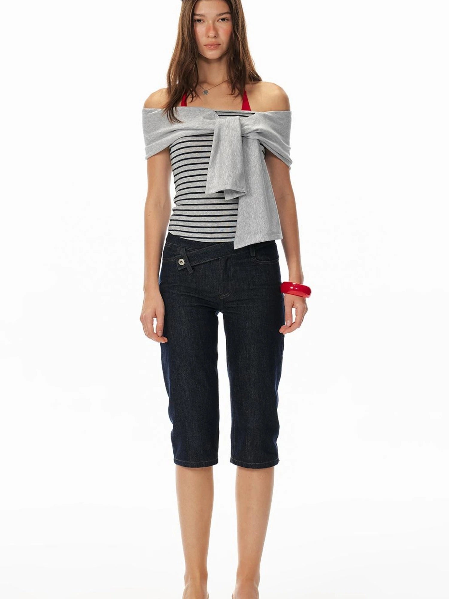 Sexy Striped Off-Shoulder Top & Navy Shorts Outfit Set