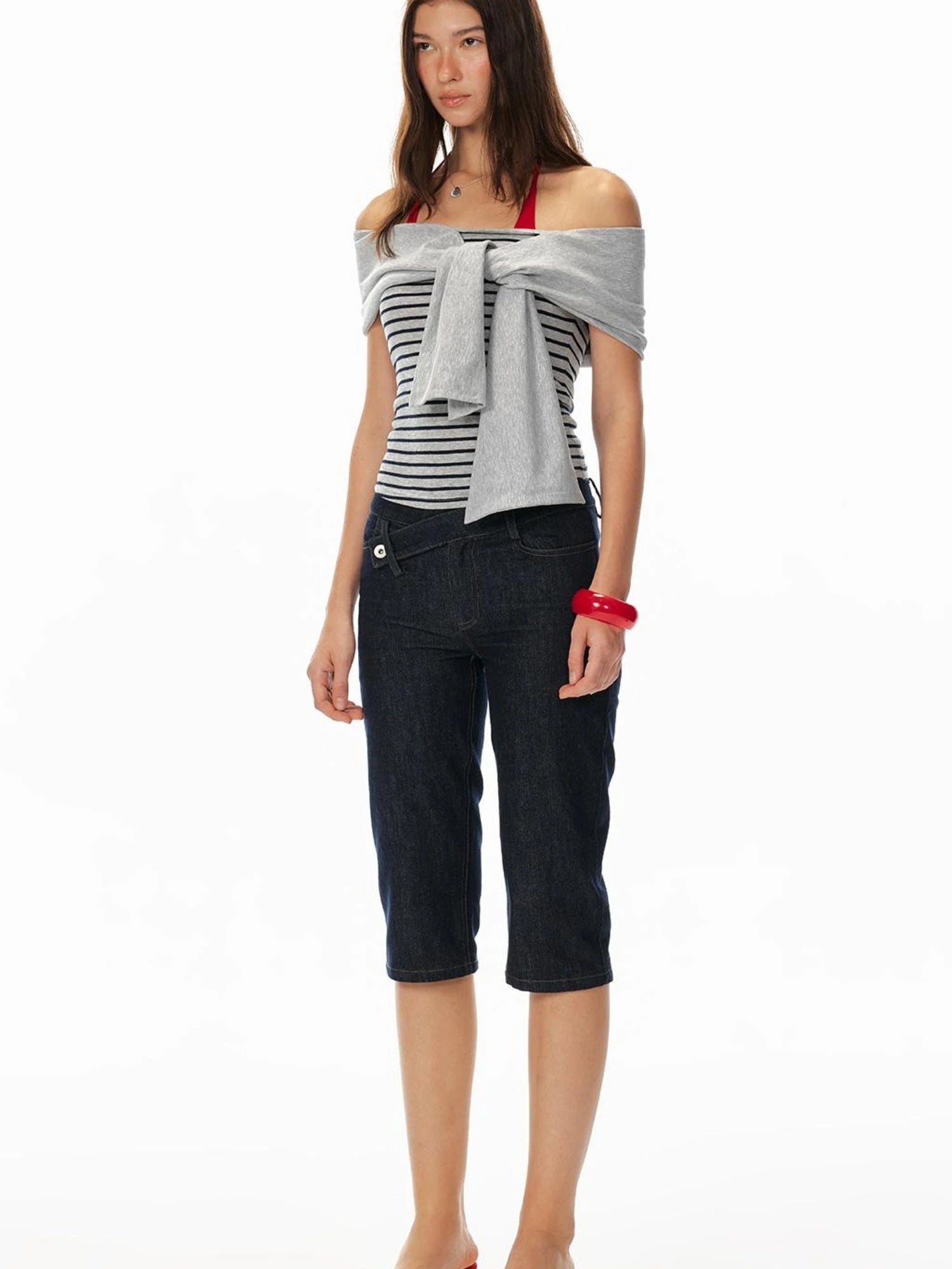 Sexy Striped Off-Shoulder Top & Navy Shorts Outfit Set