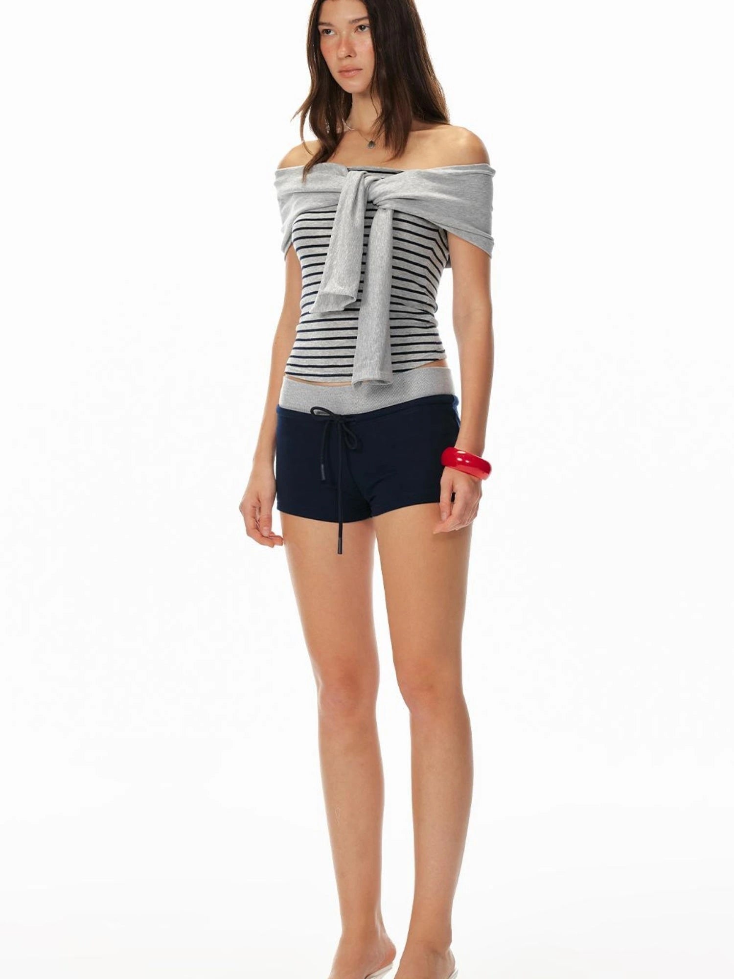 Sexy Striped Off-Shoulder Top & Navy Shorts Outfit Set