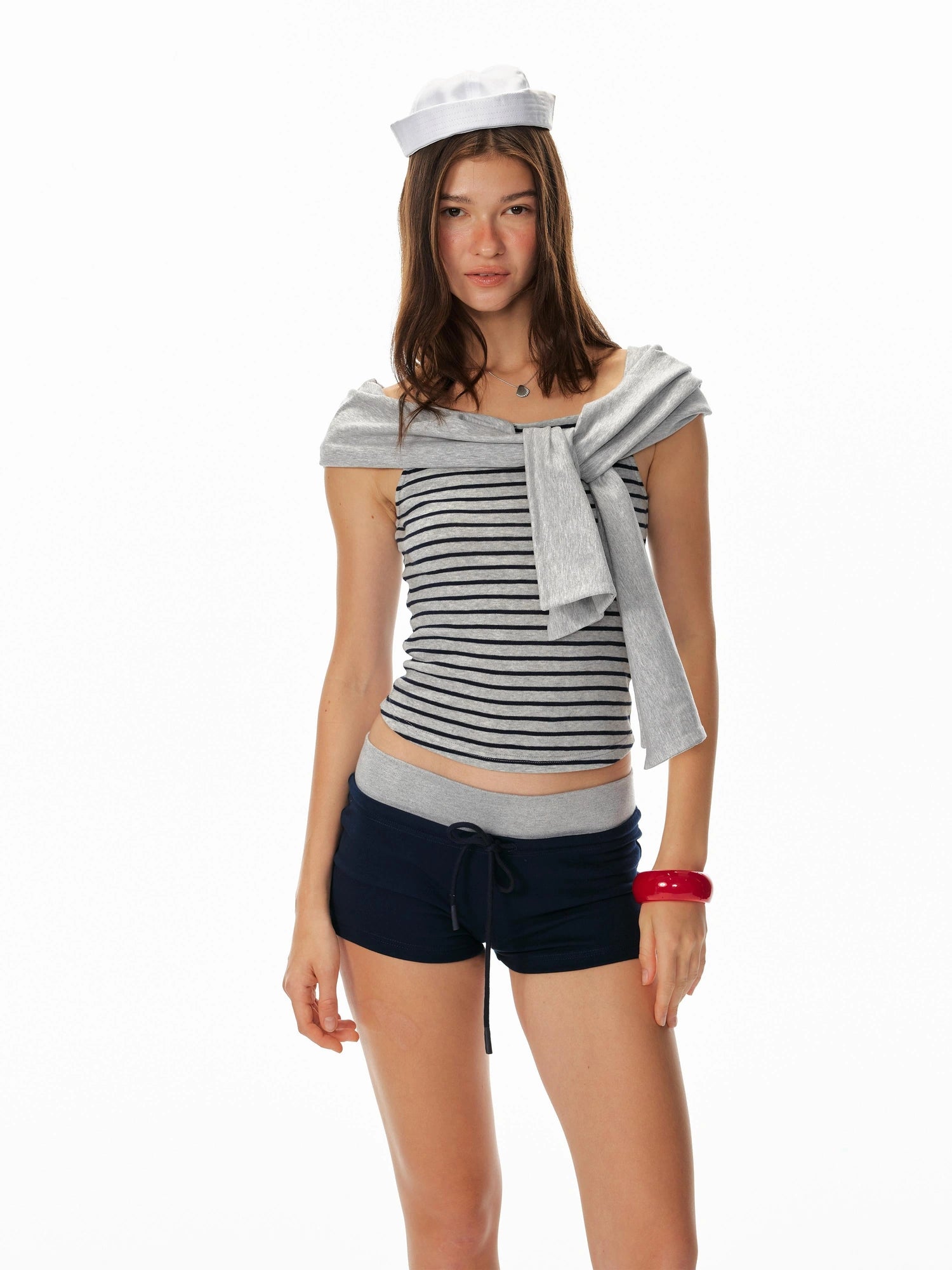 Sexy Striped Off-Shoulder Top & Navy Shorts Outfit Set