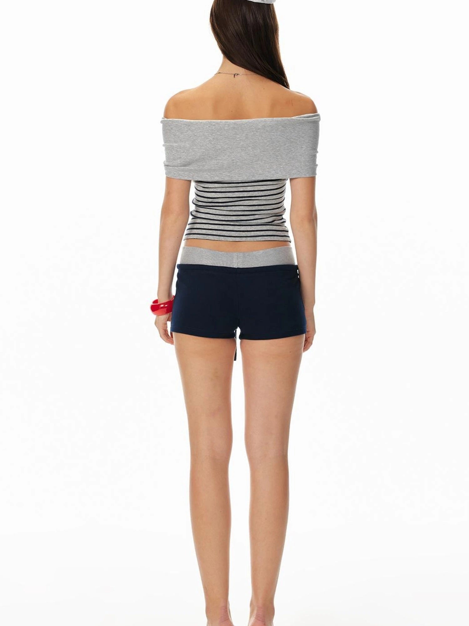 Sexy Striped Off-Shoulder Top & Navy Shorts Outfit Set