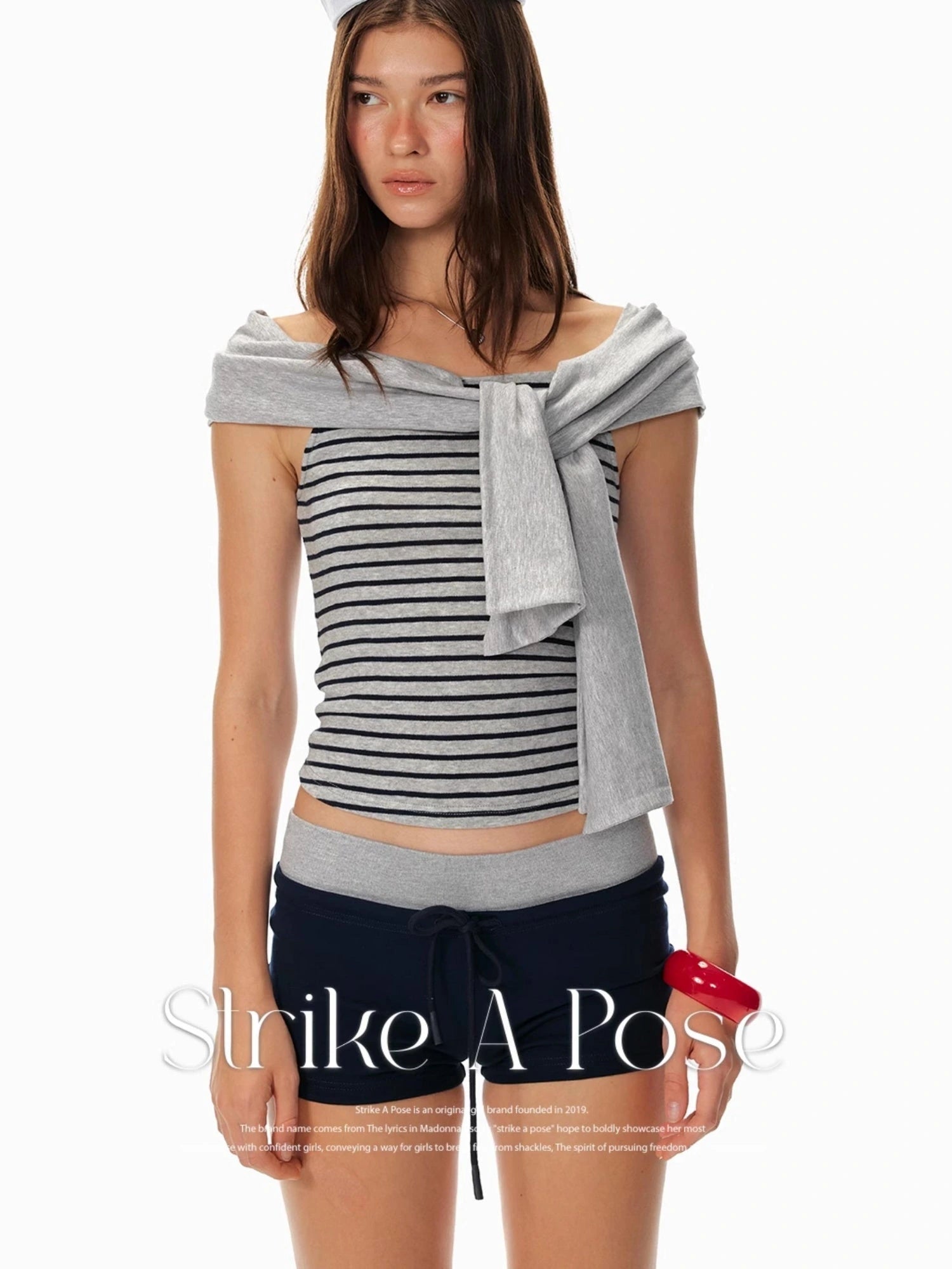 Sexy Striped Off-Shoulder Top & Navy Shorts Outfit Set