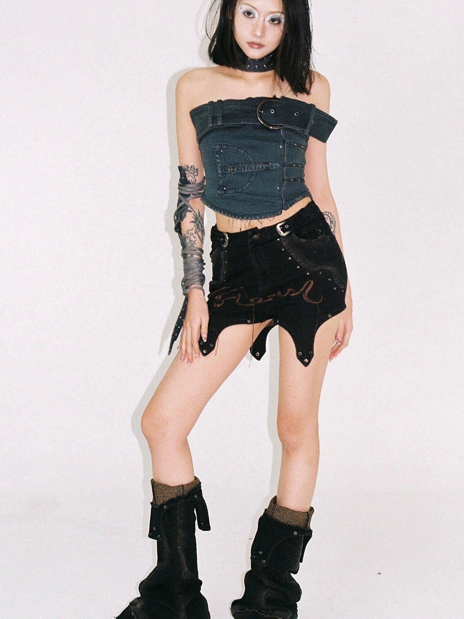 Flowers birds Market Shaped Washed Denim Tube Top