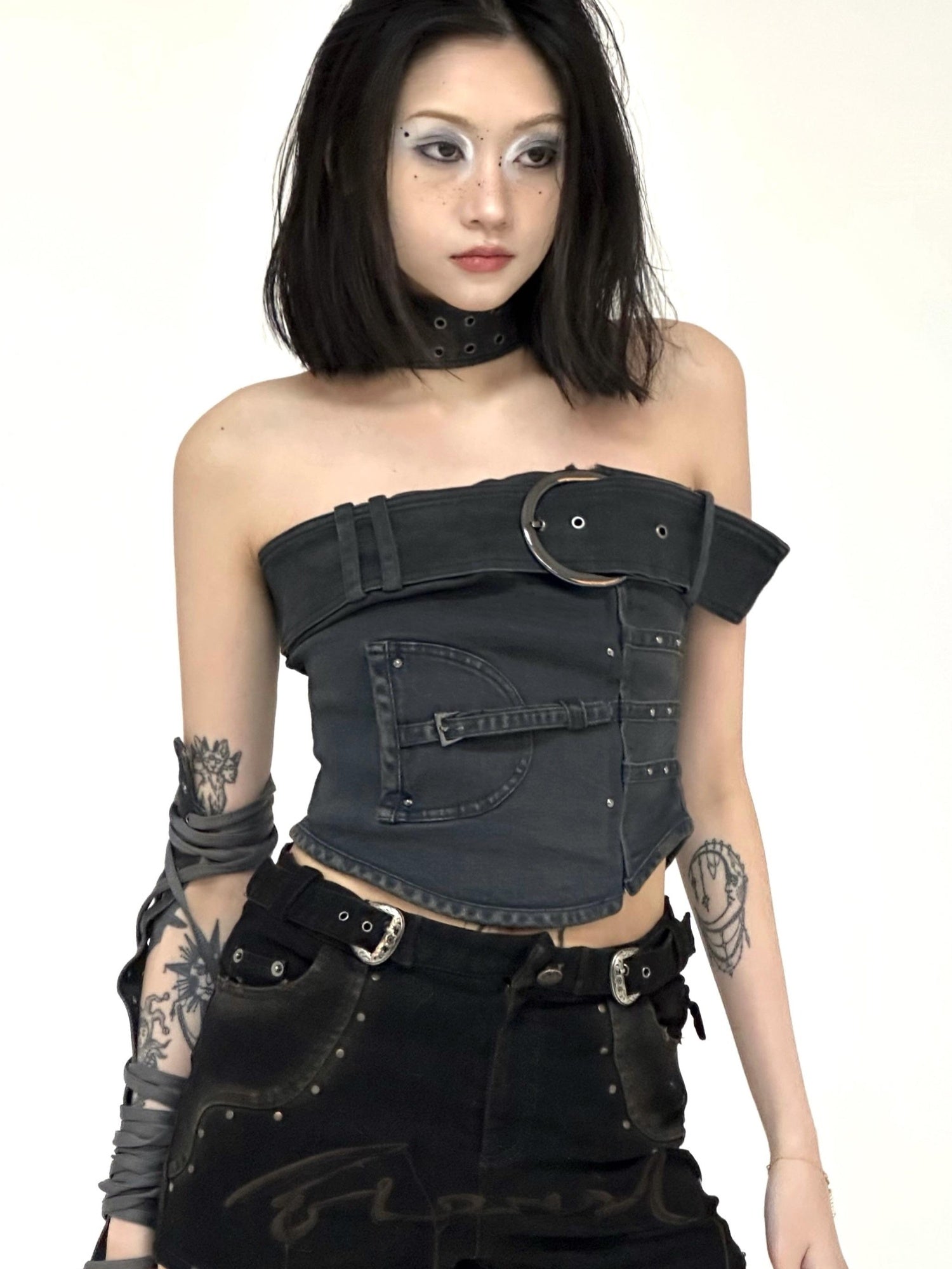 Flowers birds Market Shaped Washed Denim Tube Top