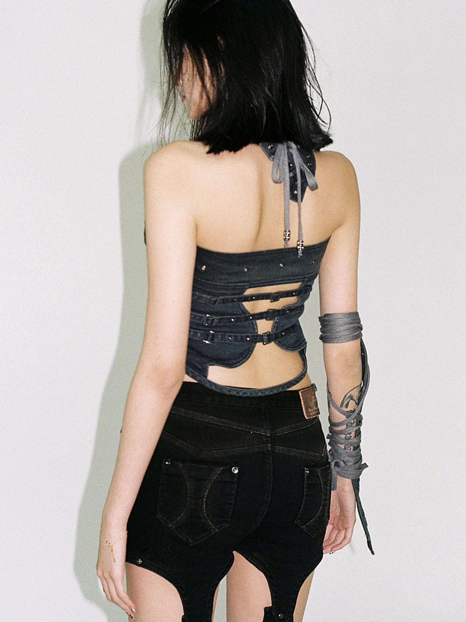 Flowers birds Market Shaped Washed Denim Tube Top