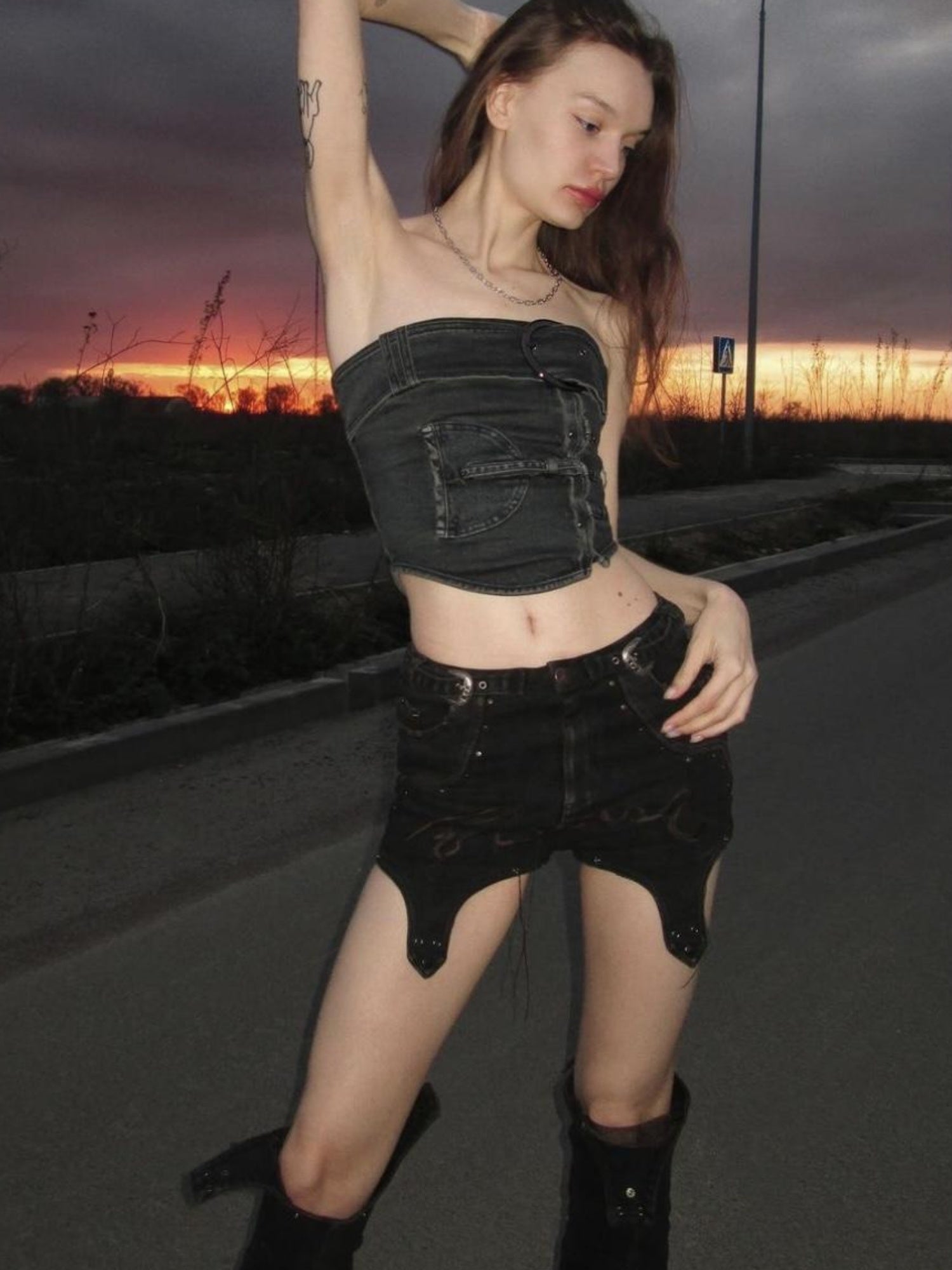 Flowers birds Market Shaped Washed Denim Tube Top