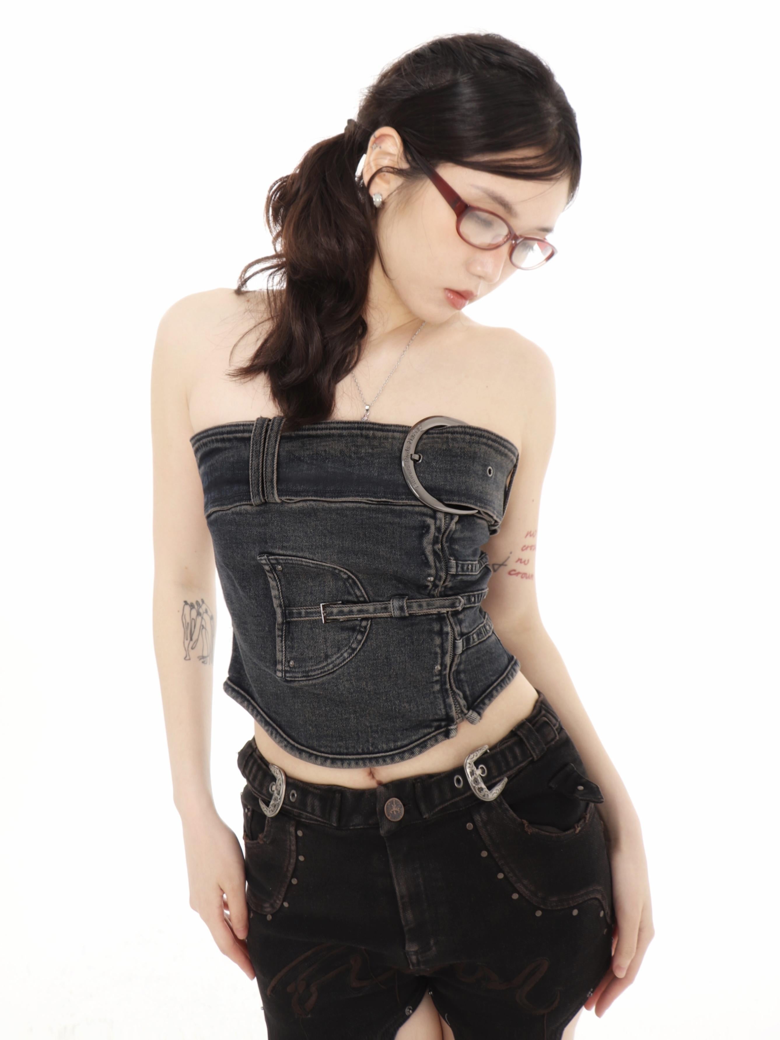 Flowers birds Market Shaped Washed Denim Tube Top