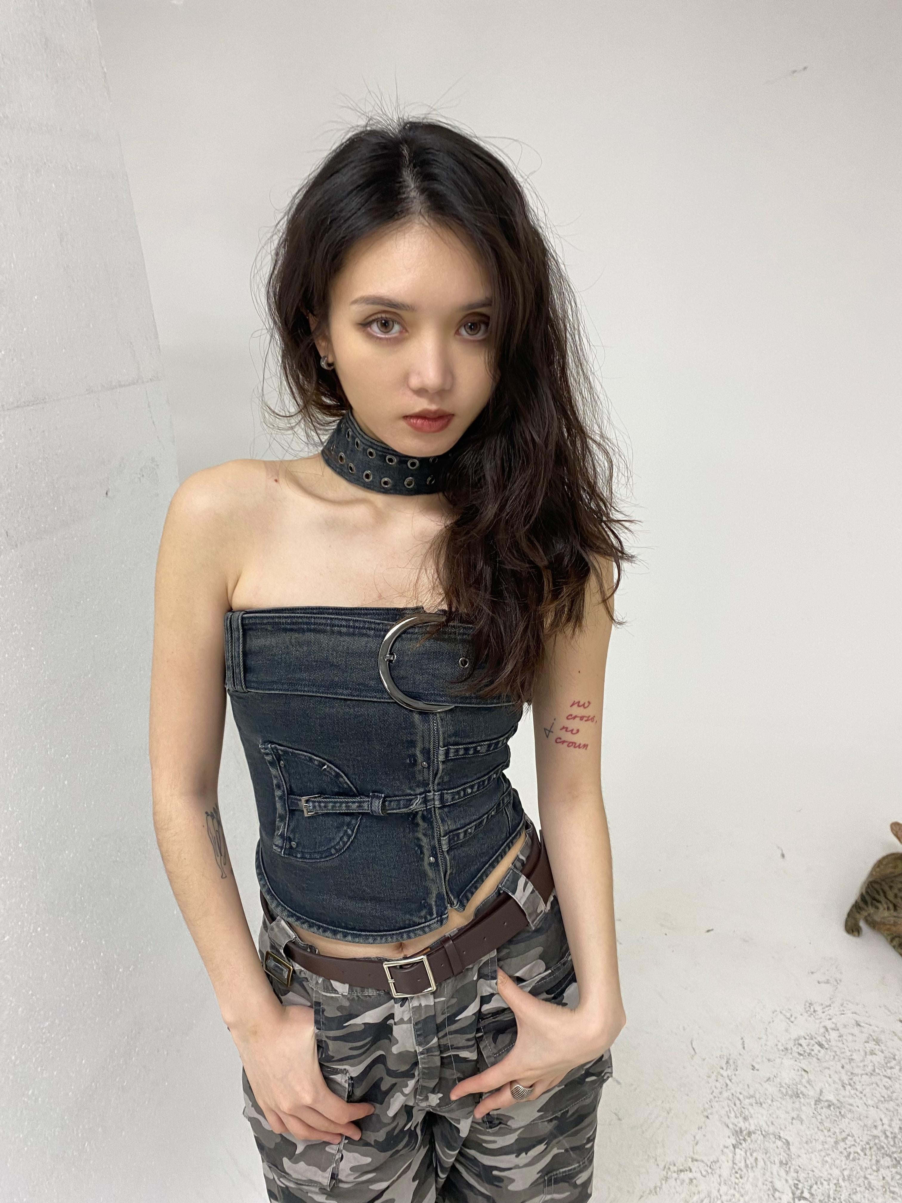 Flowers birds Market Shaped Washed Denim Tube Top