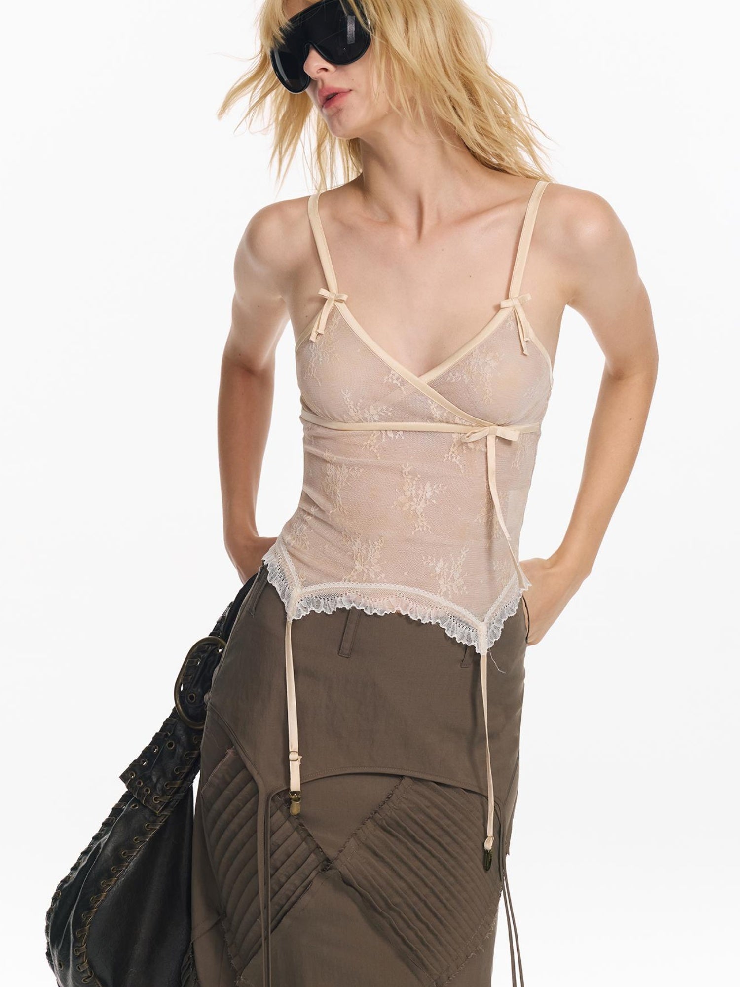 2th Desire Sheer Lace Bow Mesh Camisole Top