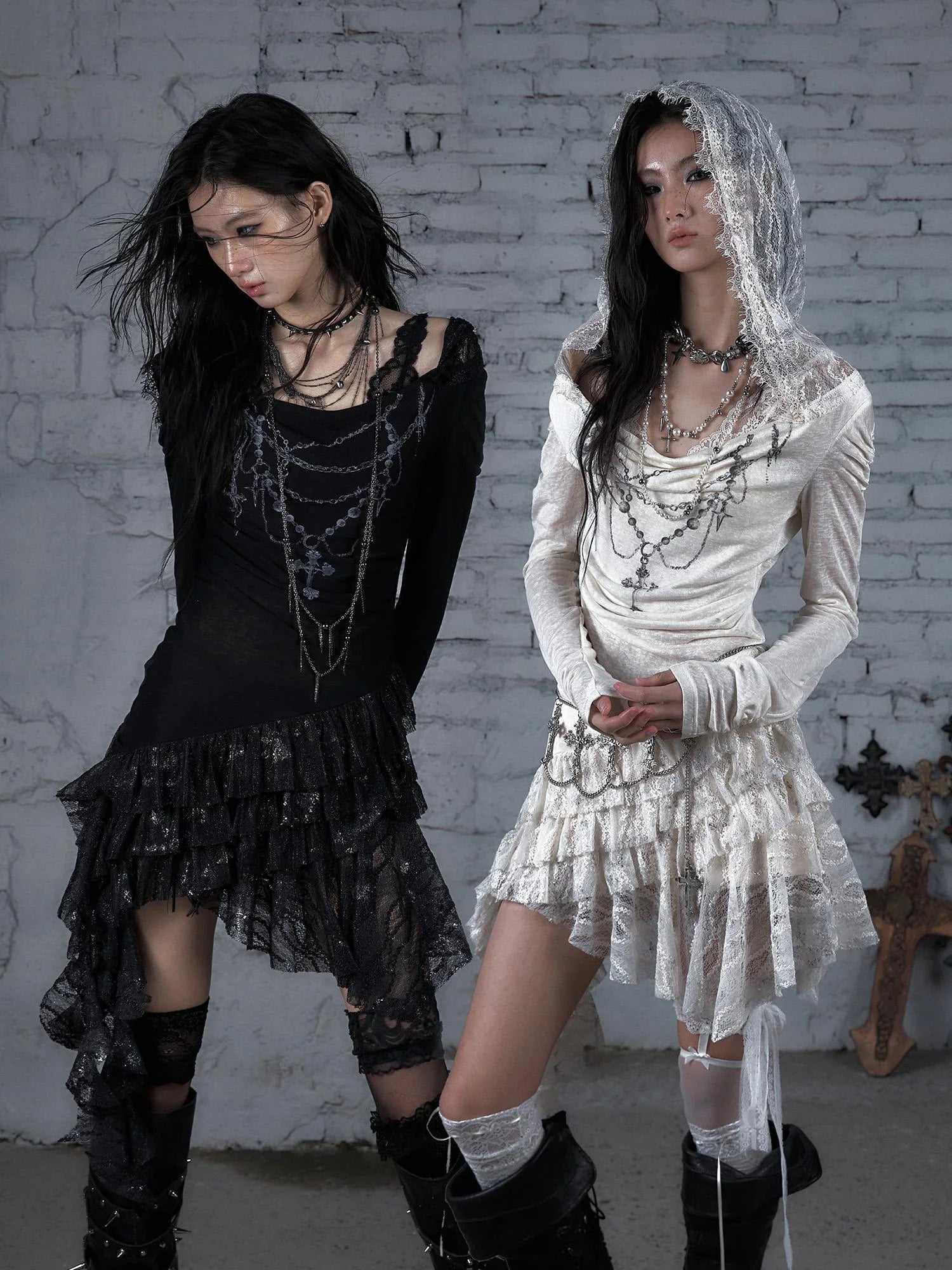 Sheer Lace Punk Print Hooded Knit Dress