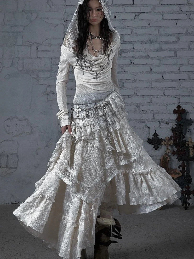 Sheer Lace Punk Print Hooded Knit Dress