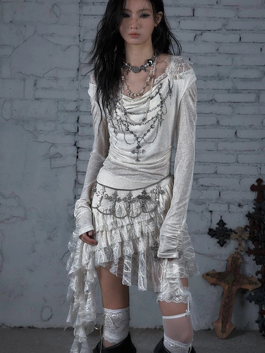 Sheer Lace Punk Print Hooded Knit Dress