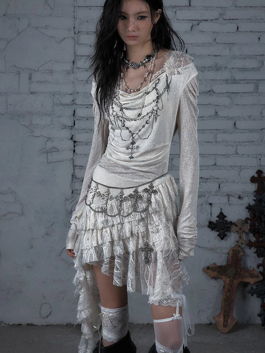 Sheer Lace Punk Print Hooded Knit Dress