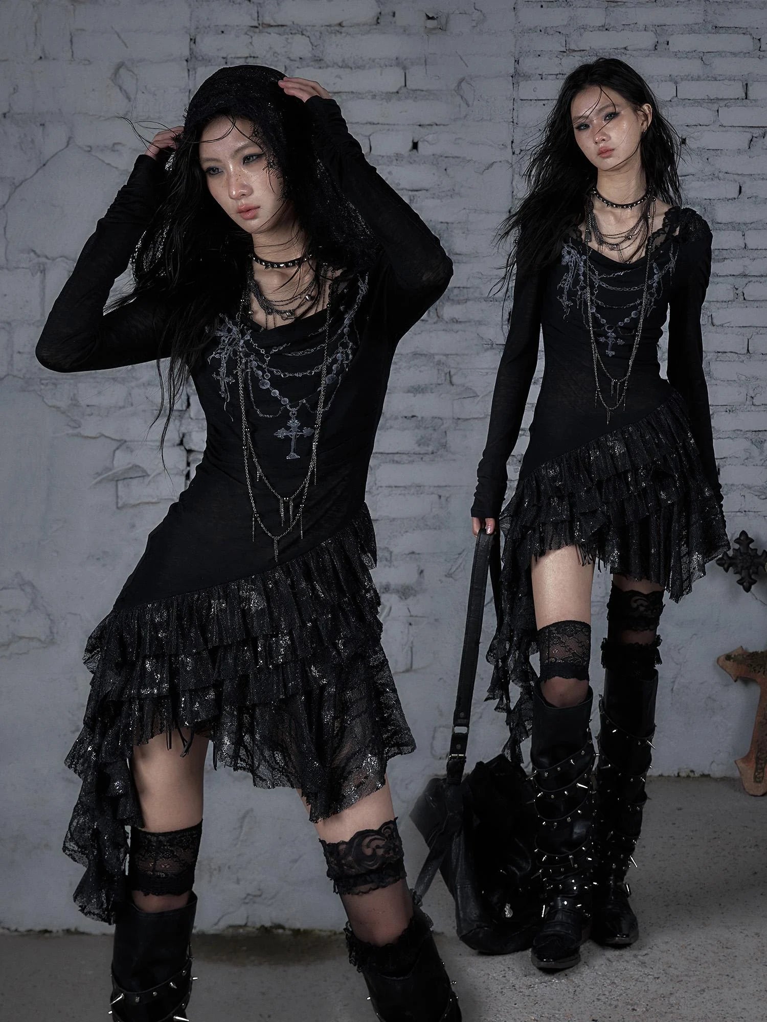 Sheer Lace Punk Print Hooded Knit Dress
