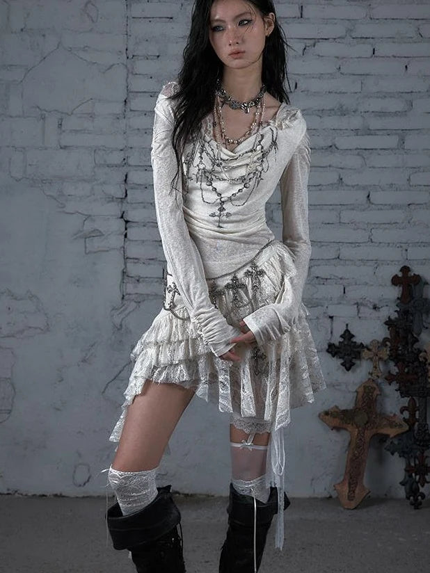 Sheer Lace Punk Print Hooded Knit Dress