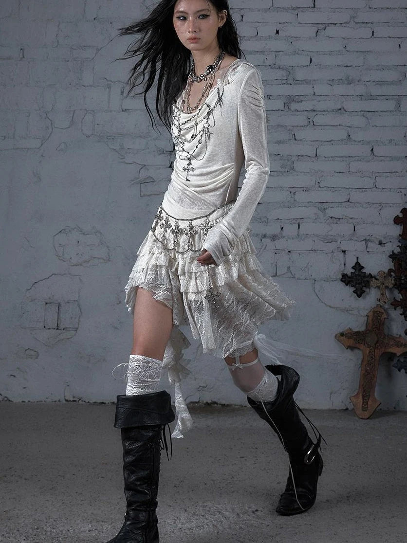 Sheer Lace Punk Print Hooded Knit Dress