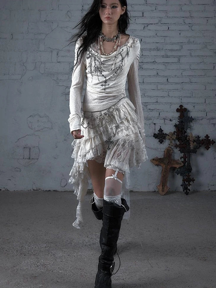 Sheer Lace Punk Print Hooded Knit Dress