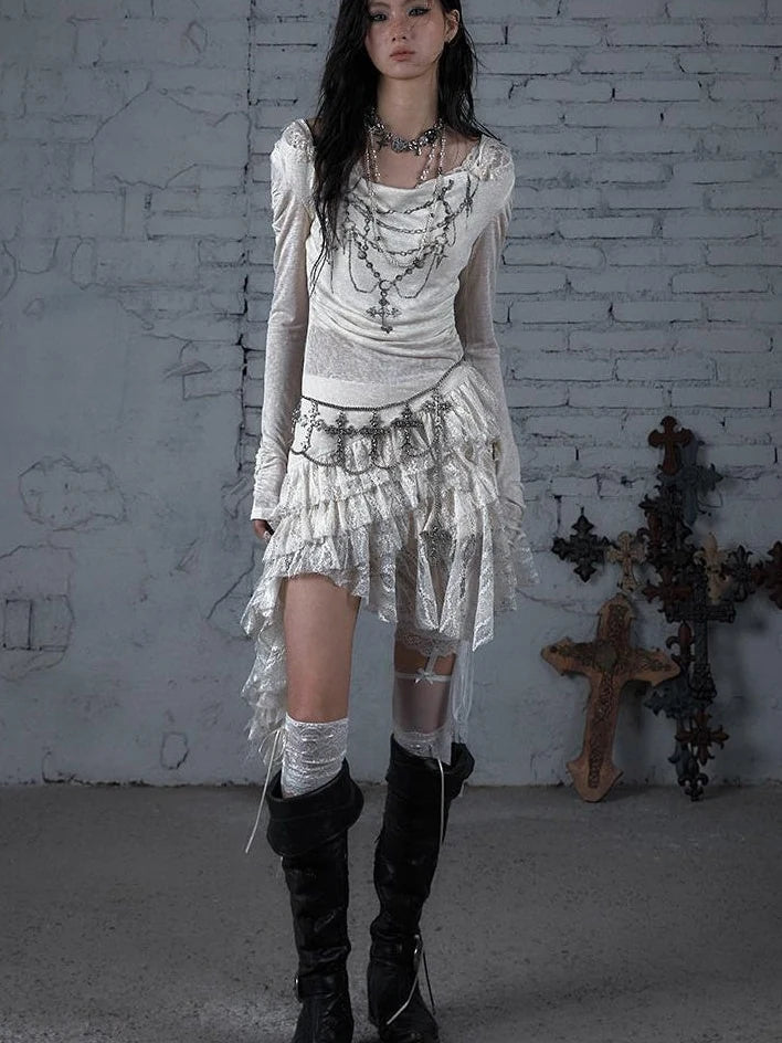 Sheer Lace Punk Print Hooded Knit Dress