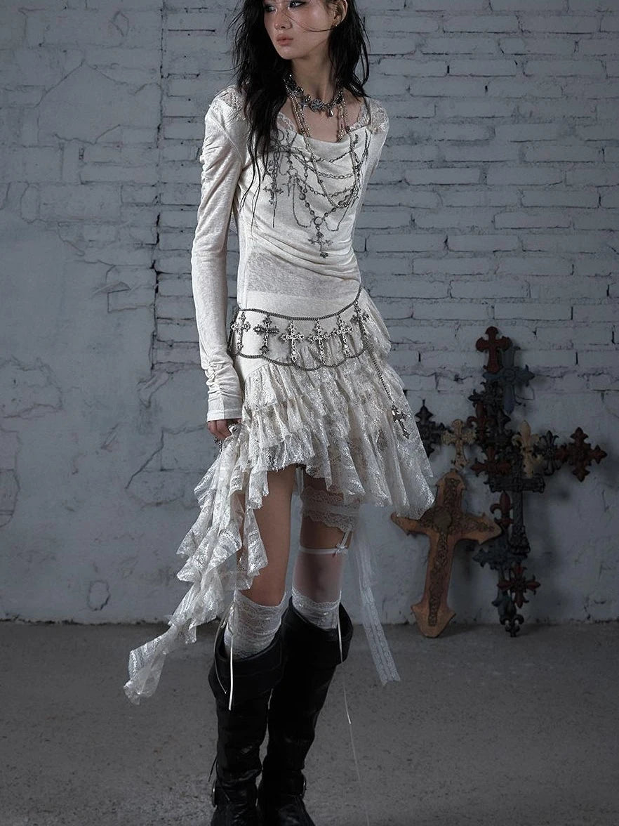 Sheer Lace Punk Print Hooded Knit Dress