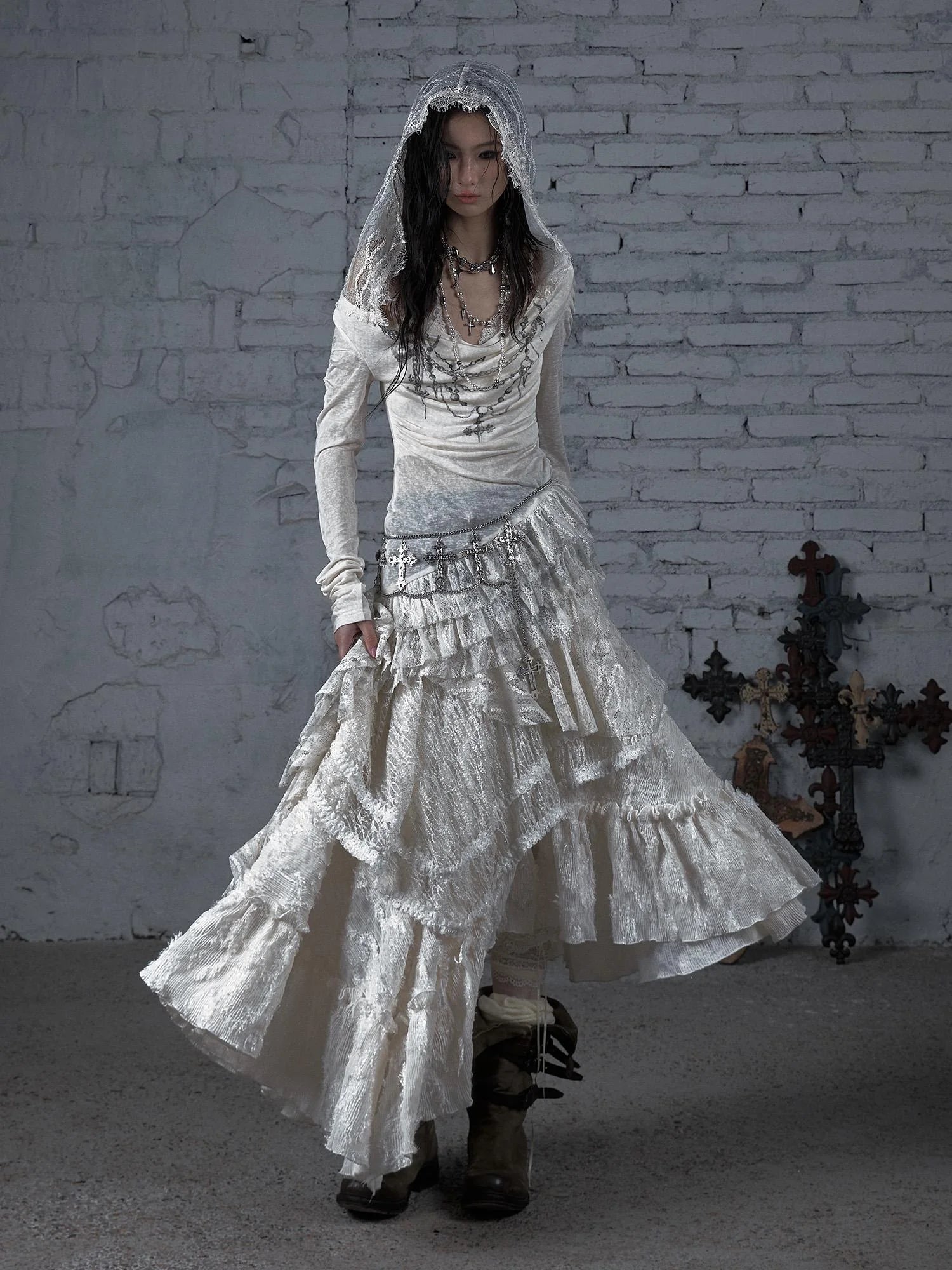 Sheer Lace Punk Print Hooded Knit Dress