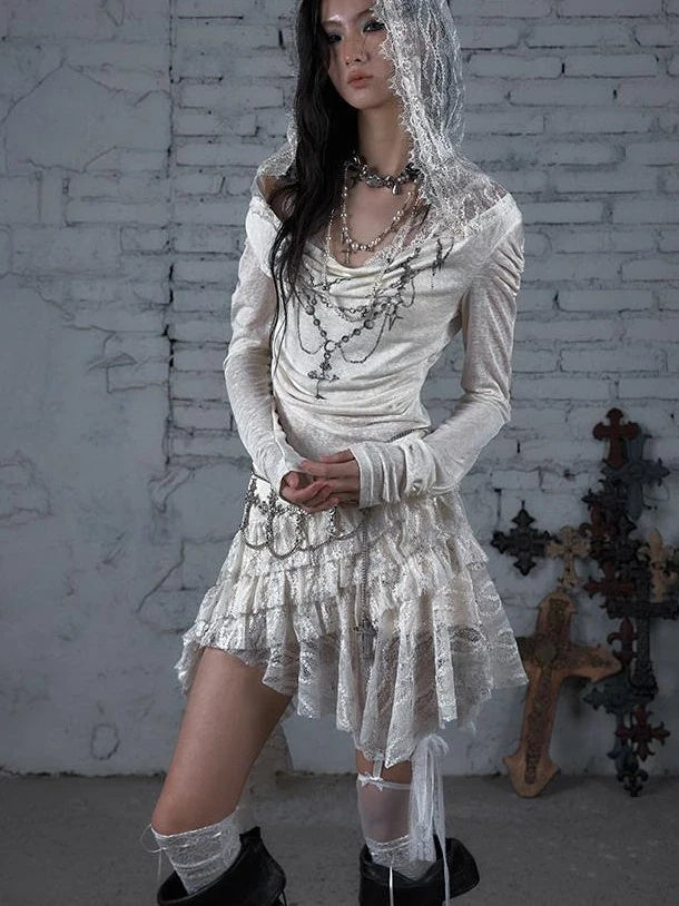 Sheer Lace Punk Print Hooded Knit Dress