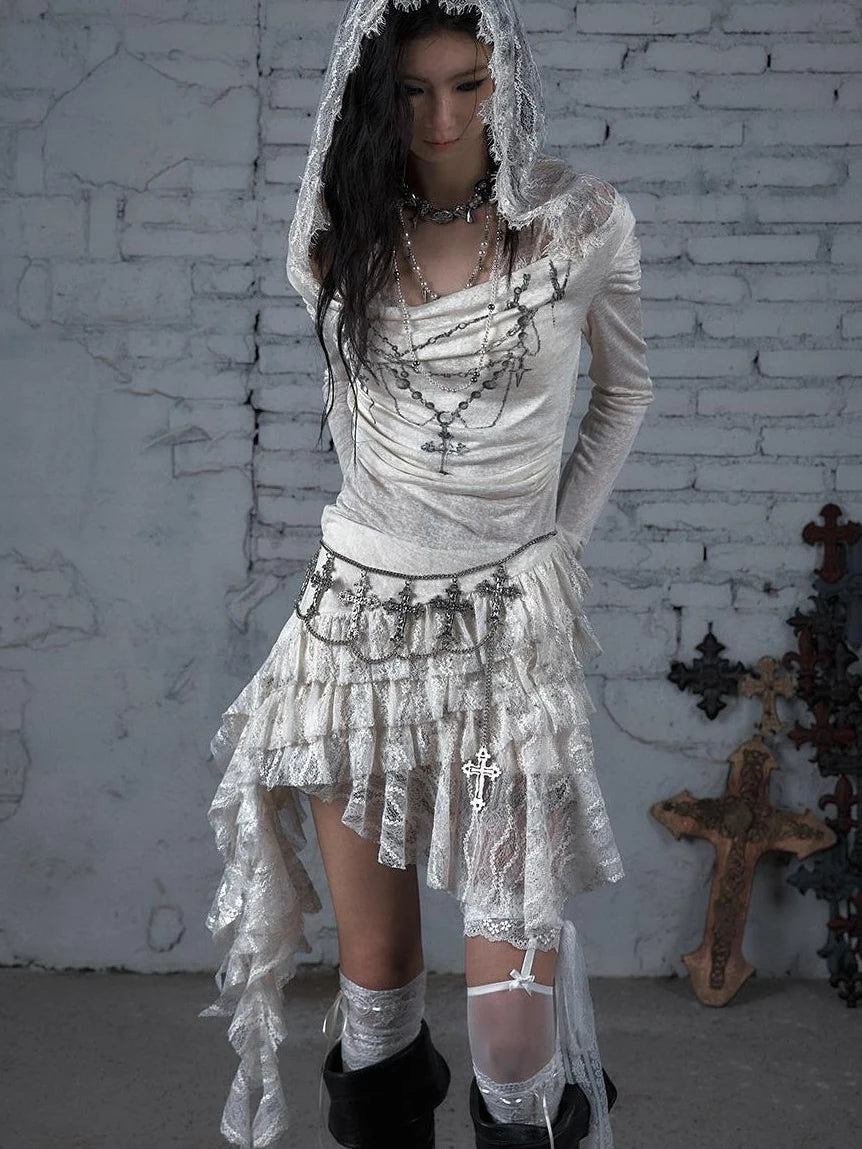 Sheer Lace Punk Print Hooded Knit Dress